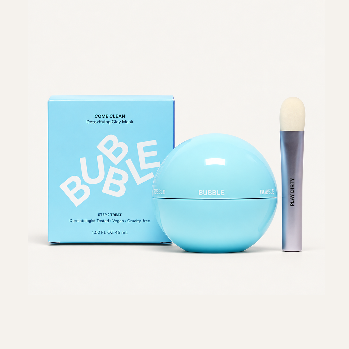 Bubble Skincare Come Clean Detoxifying Clay Mask 45 ml, box, spherical jar and brush placed side by side | Ellemania