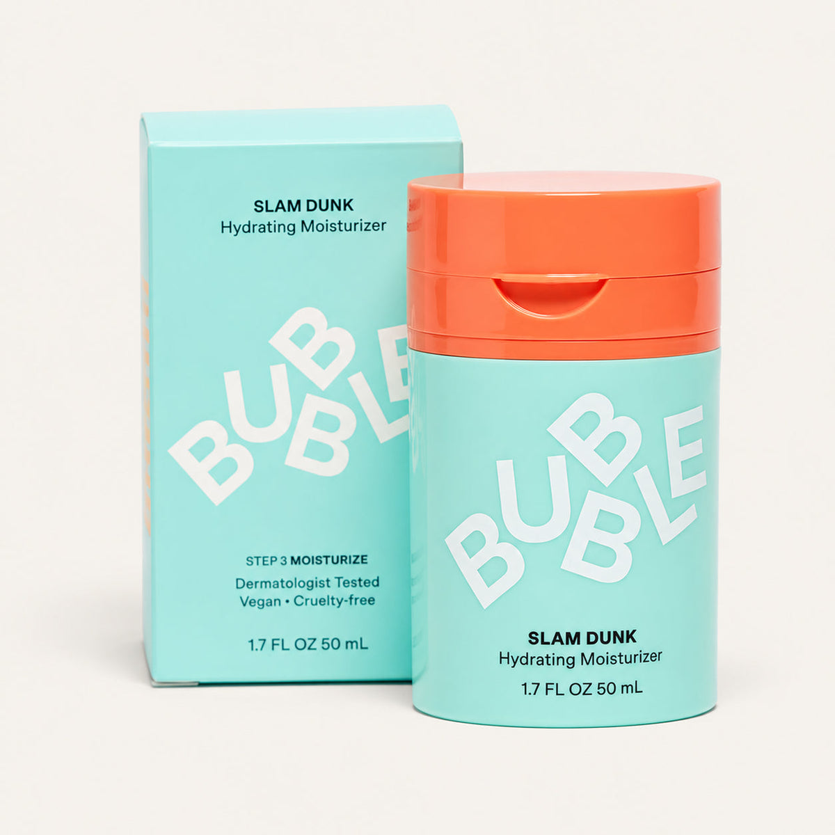 Bubble Skincare Slam Dunk Hydrating Moisturizer 50 ml, mint jar with an orange lid next to a 50 ml box | Ellemania