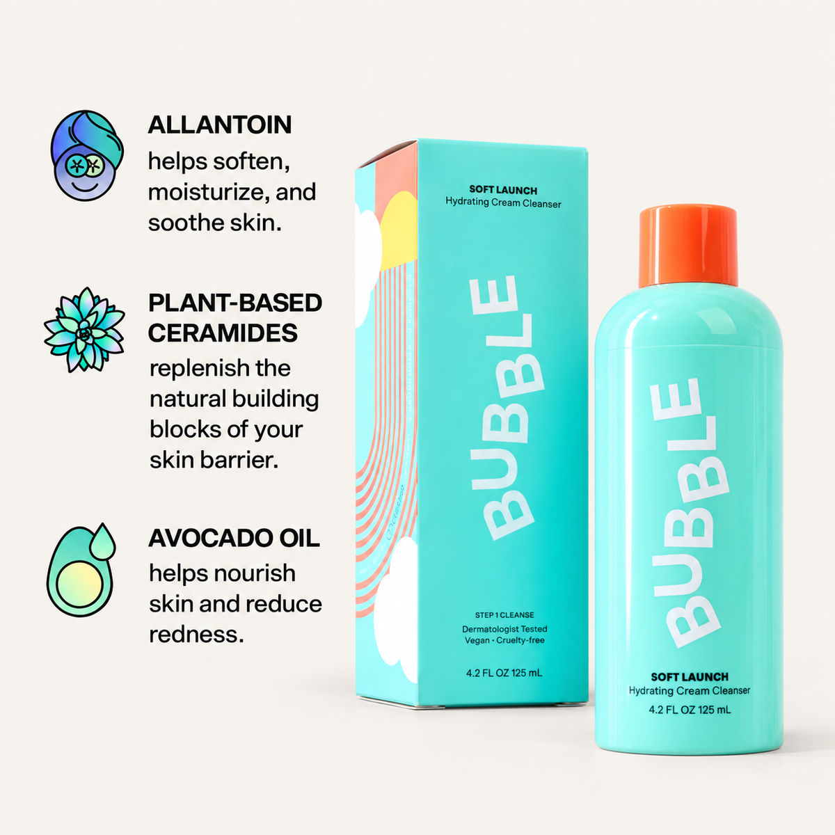 Bubble Soft Launch Hydrating Cream Cleanser 125 ml, bottle and box, next to an icon with descriptions of three ingredients | Ellemania
