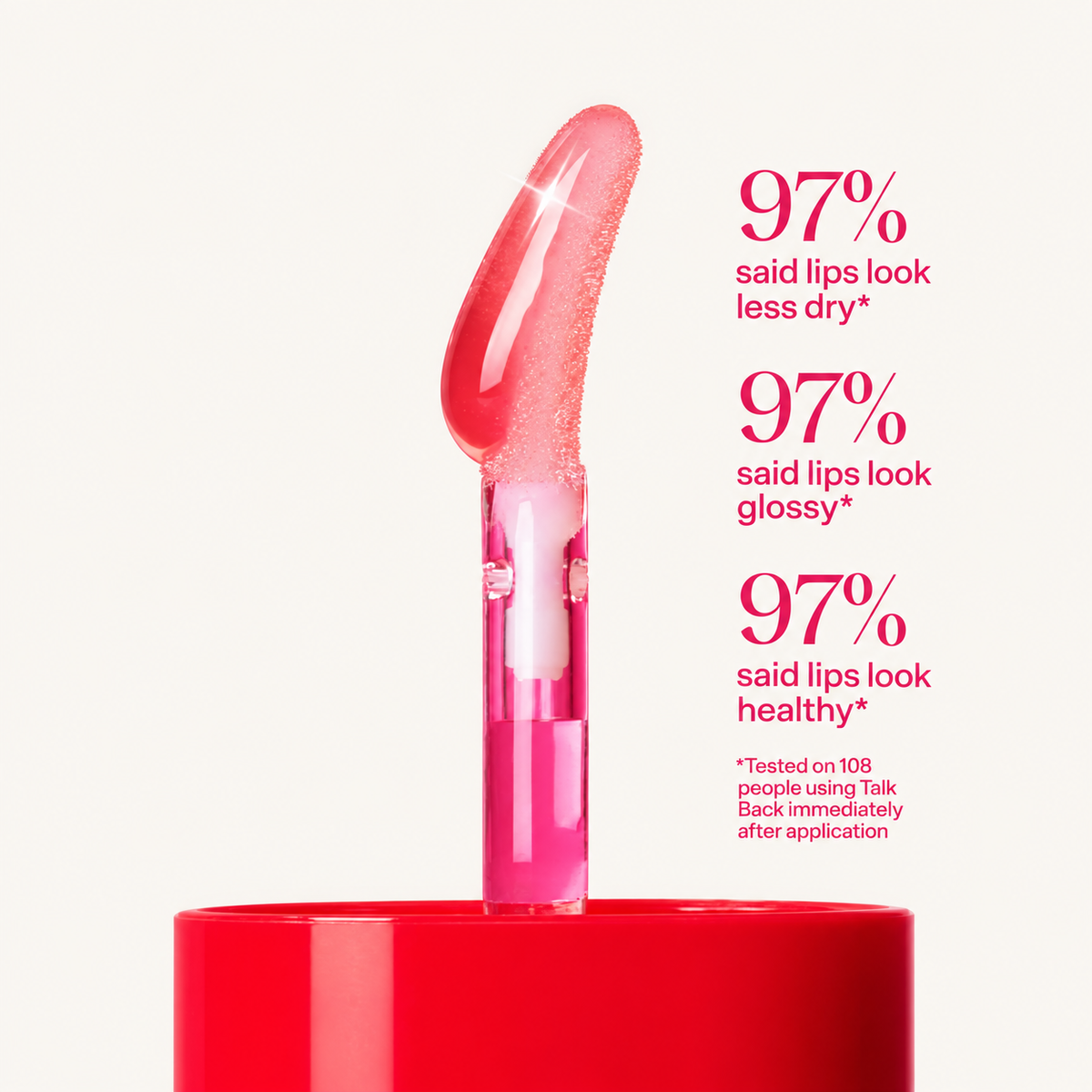 Bubble Talk Back Lip Serum 4,5 ml, applicator with pink serum above red packaging, with survey results | Ellemania