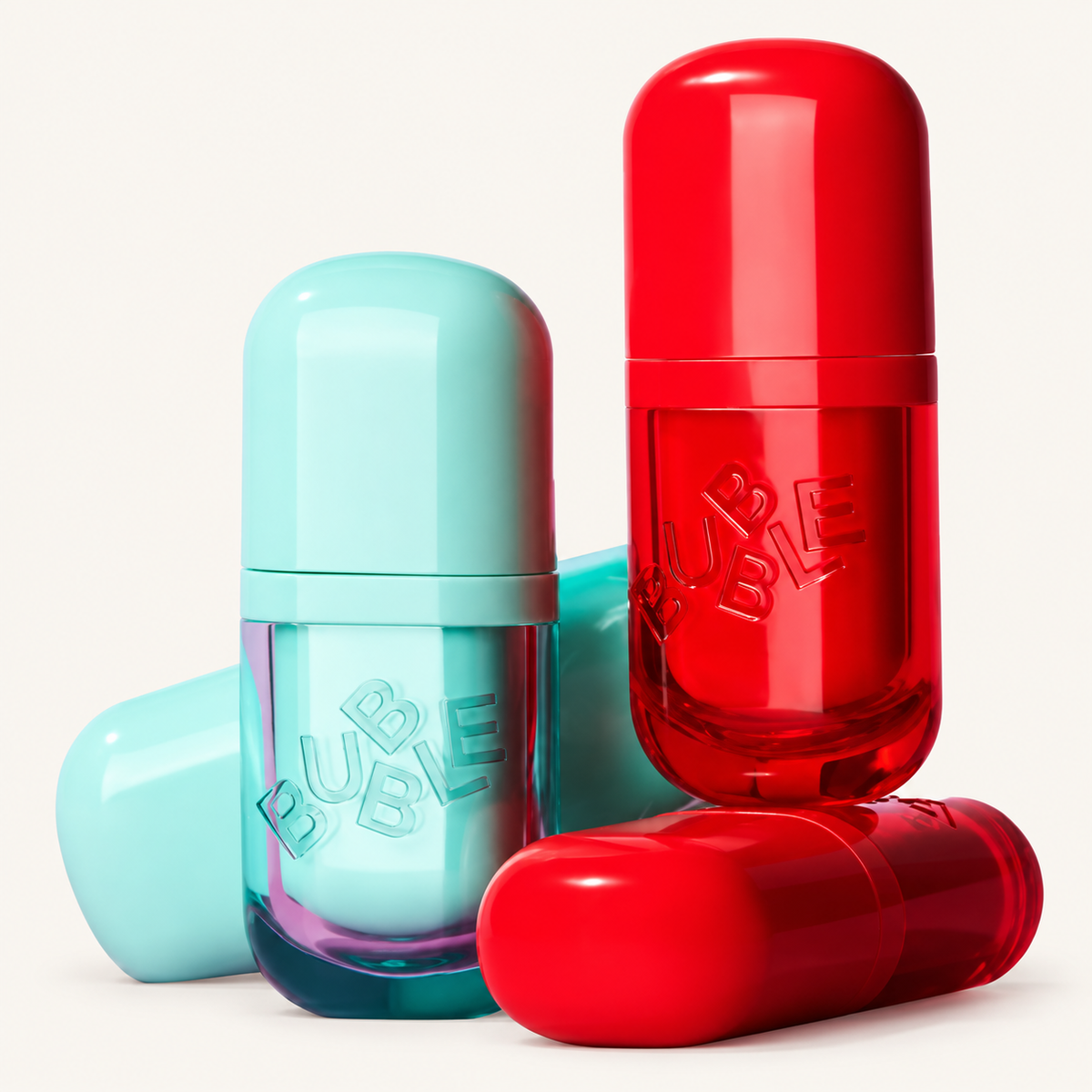 Bubble Talk Back Lip Serum 4,5 ml, turquoise and red capsule-shaped bottles placed together | Ellemania