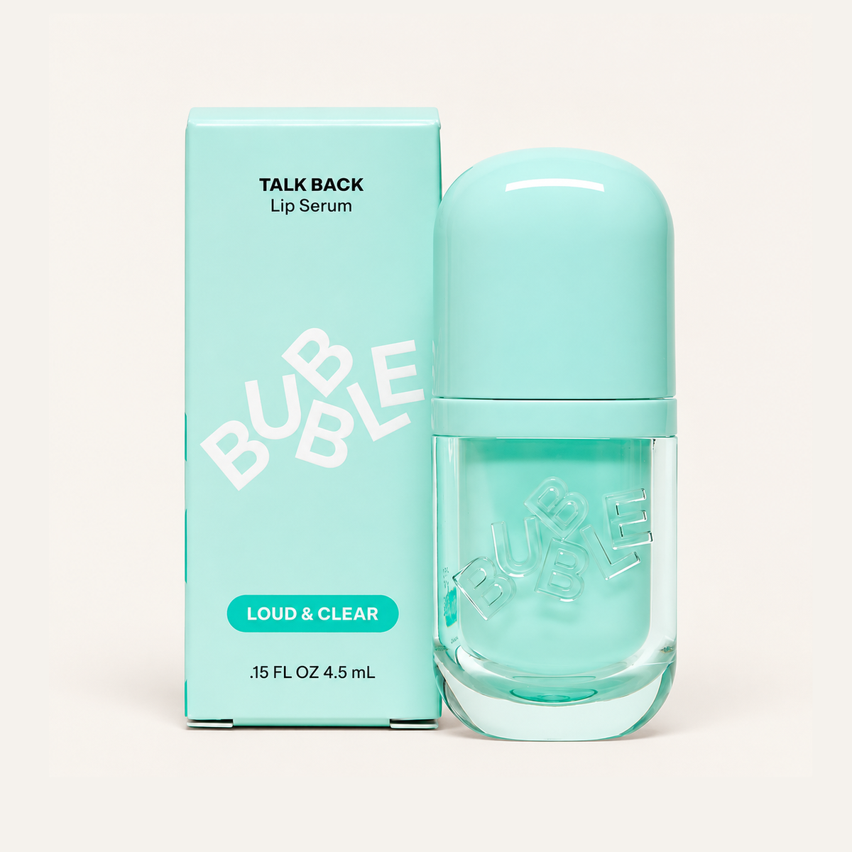 Bubble Talk Back Lip Serum 4,5 ml, turquoise box and bottle in the Loud & Clear version | Ellemania