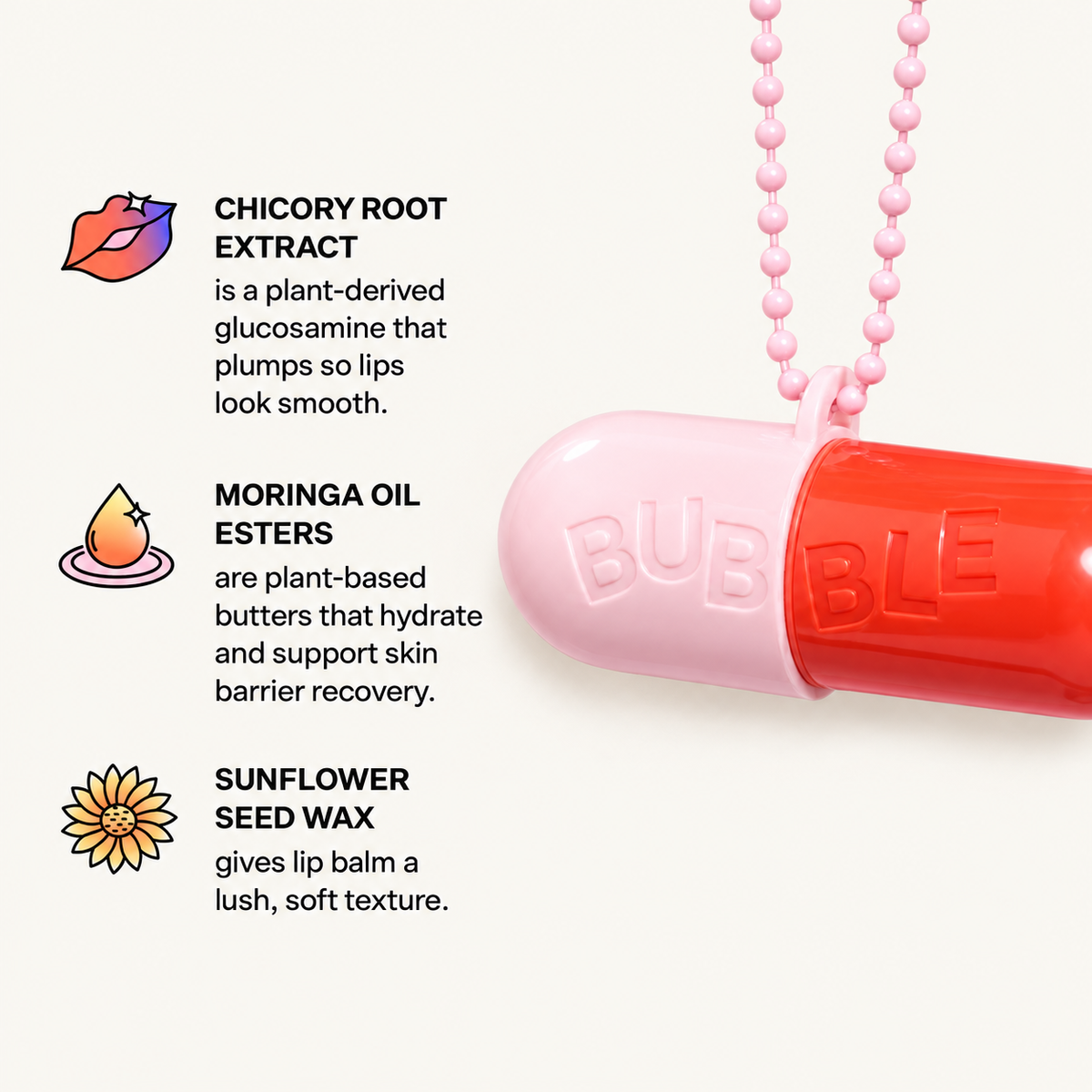Bubble Tell All Lip Balm 4,4 g, pink and red container on a chain next to icons with descriptions of three ingredients | Ellemania