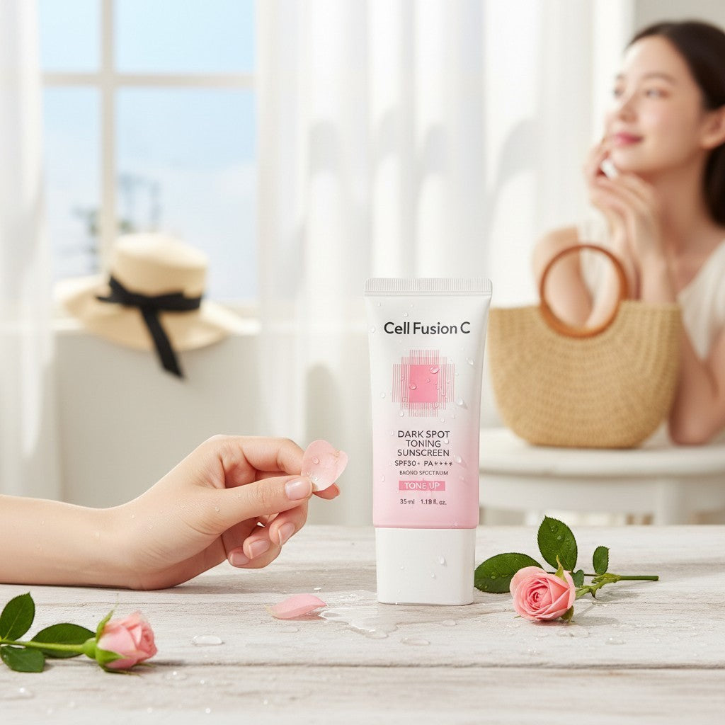 Krem przeciwsłoneczny Cell Fusion C Dark Spot Toning SPF50+ w tubce na drewnianym stole z płatkami róż, marka ellemania