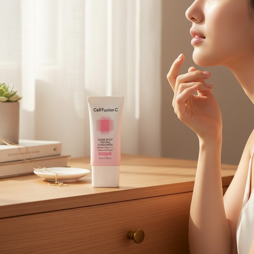 Krem przeciwsłoneczny Cell Fusion C Dark Spot Toning SPF50+ na drewnianym stole obok kobiety, koreańska pielęgnacja