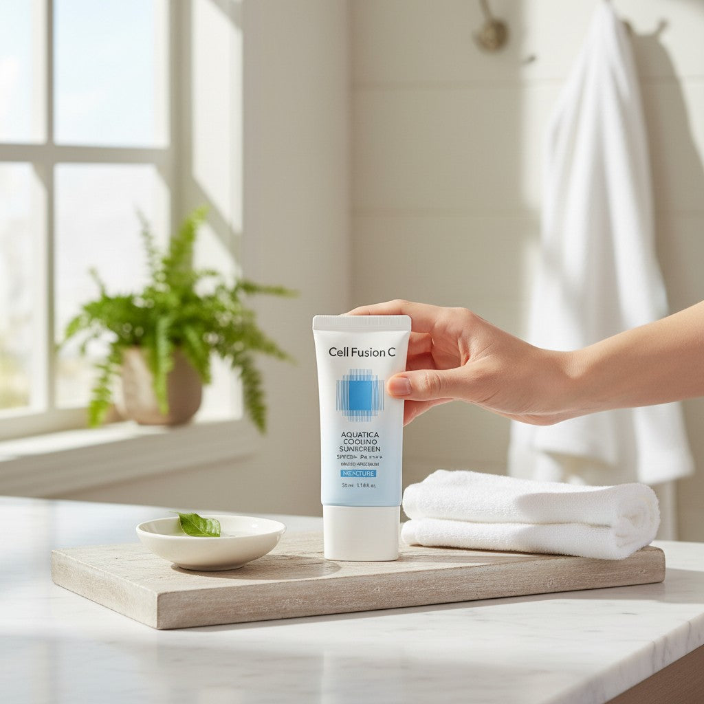 Krem przeciwsłoneczny Cell Fusion C Aquatica Cooling SPF 50+ w tubce trzymanej w dłoni na tle łazienki