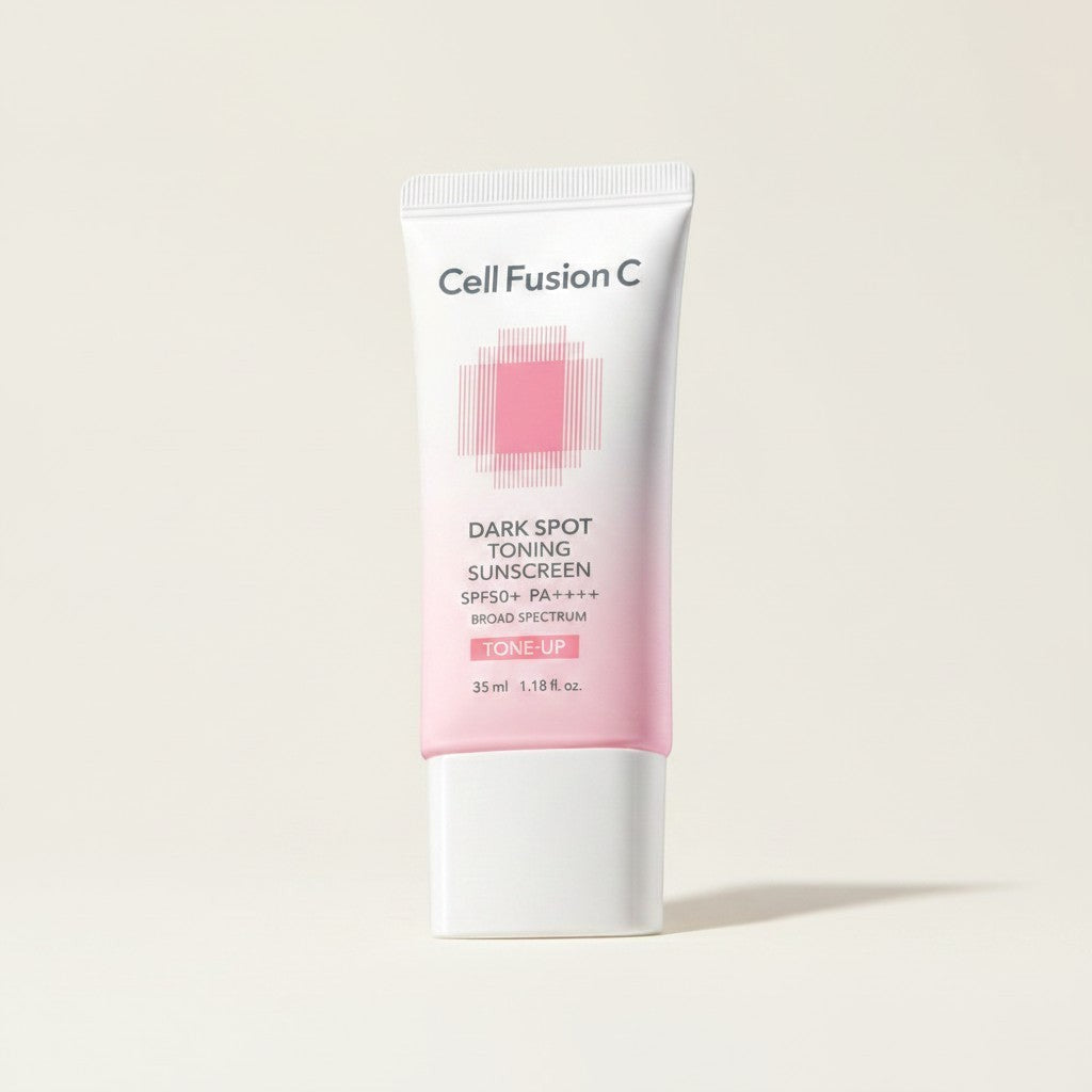 Krem przeciwsłoneczny Cell Fusion C Dark Spot Toning SPF50+ w białej tubce z różowym gradientem od ellemania