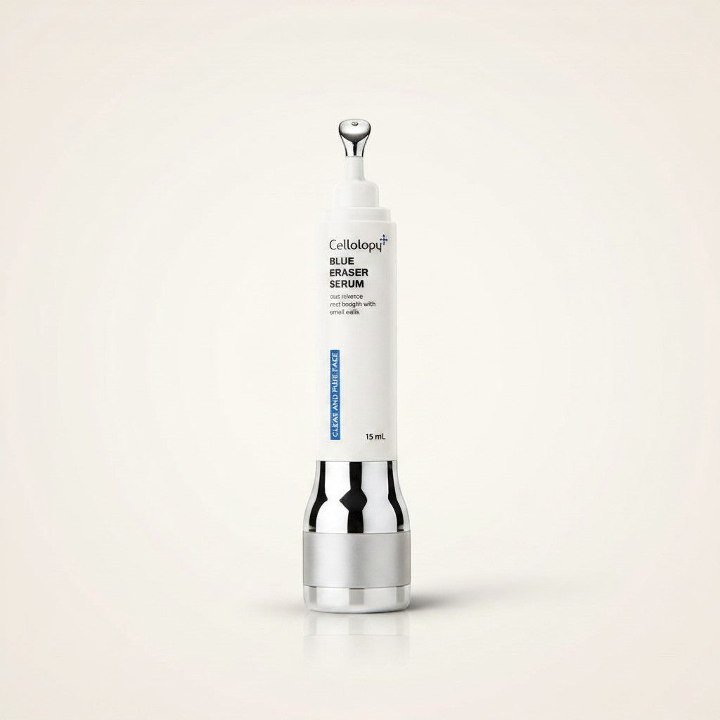 Ellemania Cellology Blue Eraser Serum w białym opakowaniu z metalowym aplikatorem kulkowym do cery trądzikowej