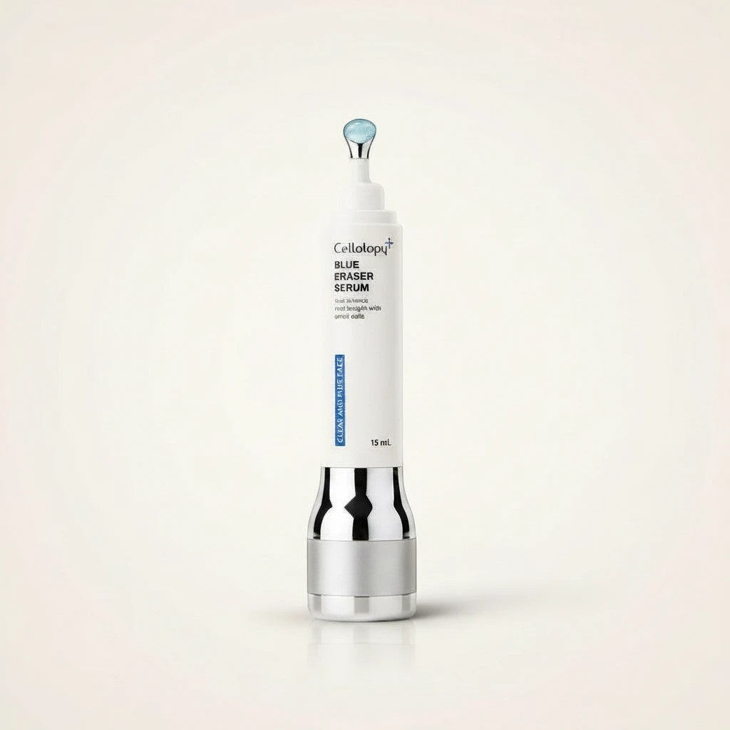 Serum łagodzące Cellology Blue Eraser Serum marki ellemania w białym opakowaniu z aplikatorem do cery trądzikowej