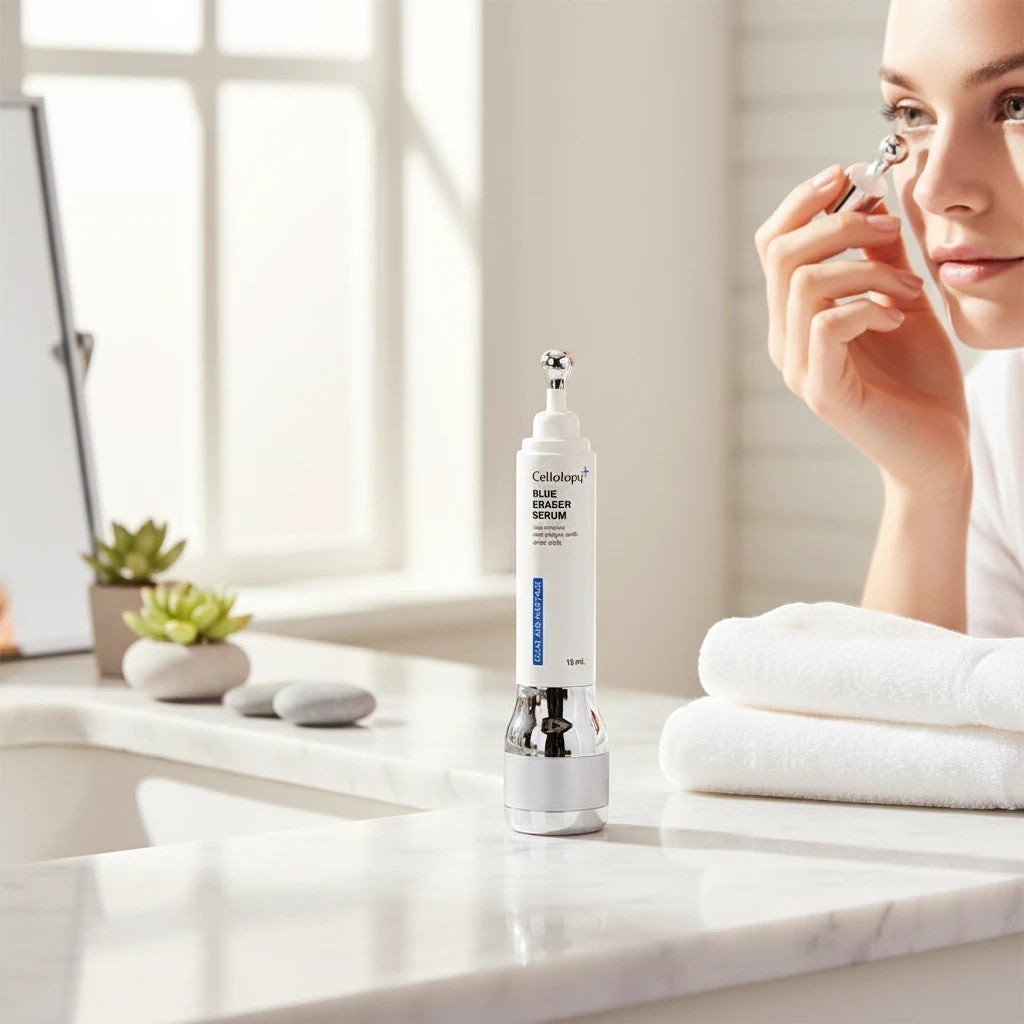 Kobieta używa serum ellemania Cellology Blue Eraser z aplikatorem kulkowym do pielęgnacji skóry twarzy w jasnej łazience