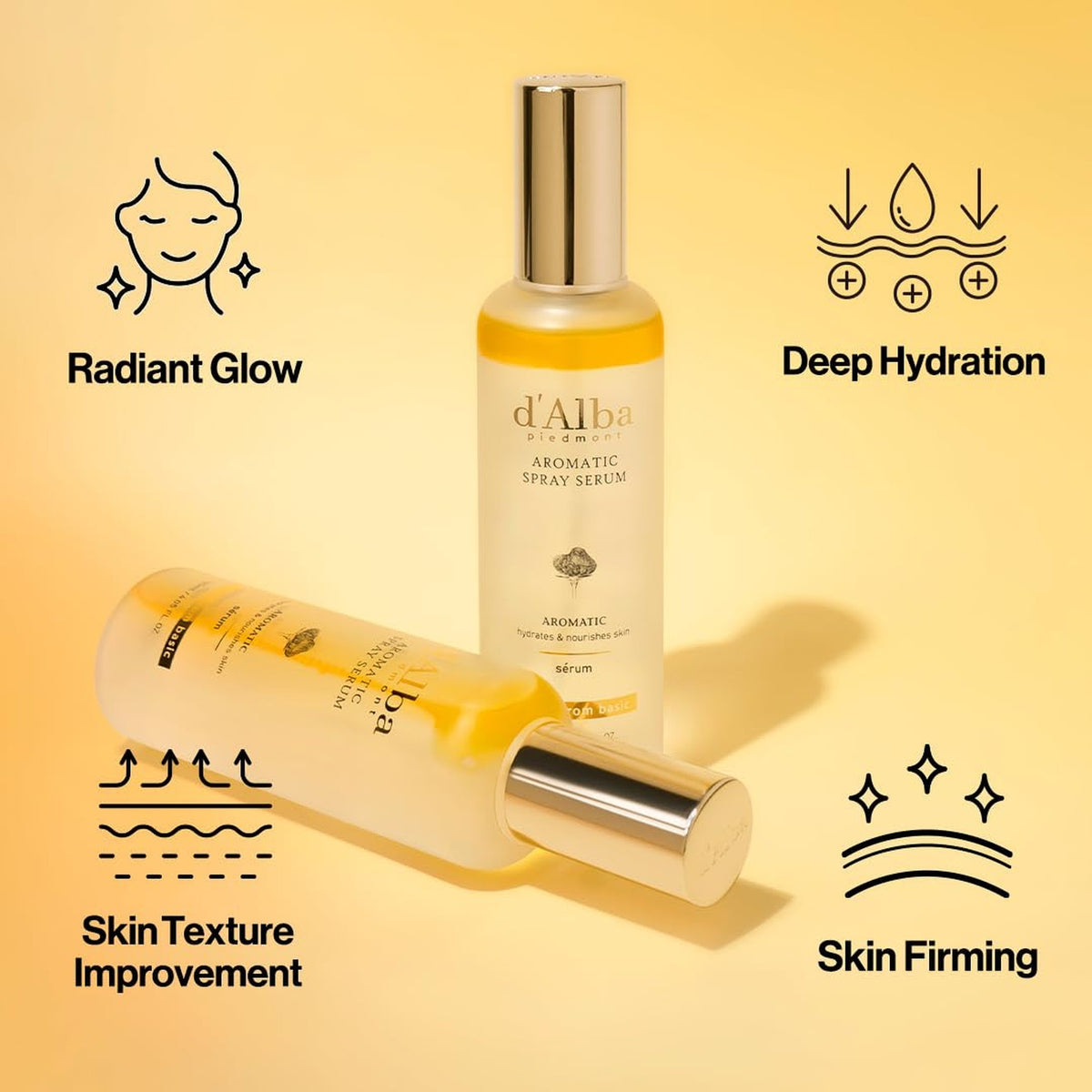d'Alba Aromatic Spray Serum 100 ml, dwie butelki z mgiełką i złotymi zakrętkami, infografika z listą korzyści | Ellemania