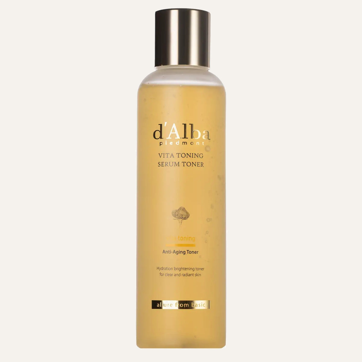 d'Alba Vita Toning Serum Toner, butelka z metalową zakrętką i złotym nadrukiem | Ellemania