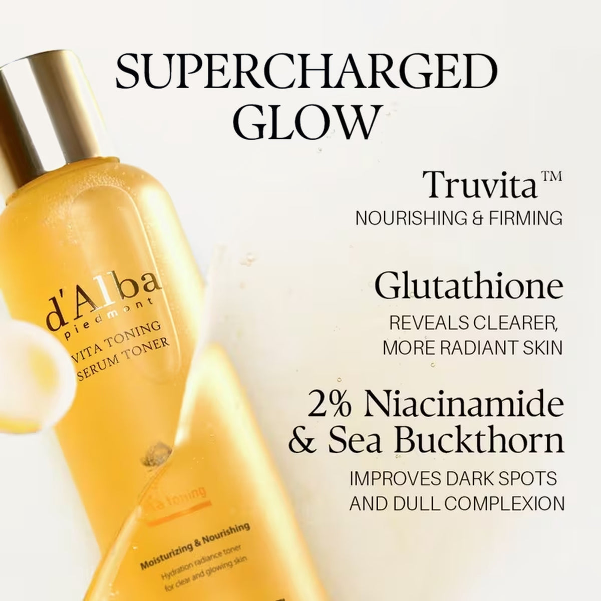 d'Alba Vita Toning Serum Toner, butelki z tonerem i infografika z listą składników | Ellemania
