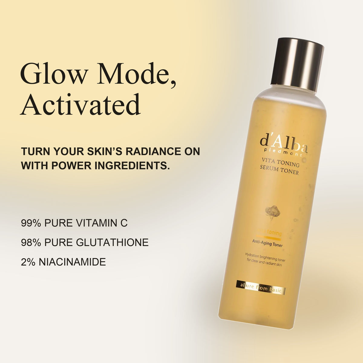 d'Alba Vita Toning Serum Toner, butelka z przezroczystym korkiem i tekstem reklamowym z boku | Ellemania