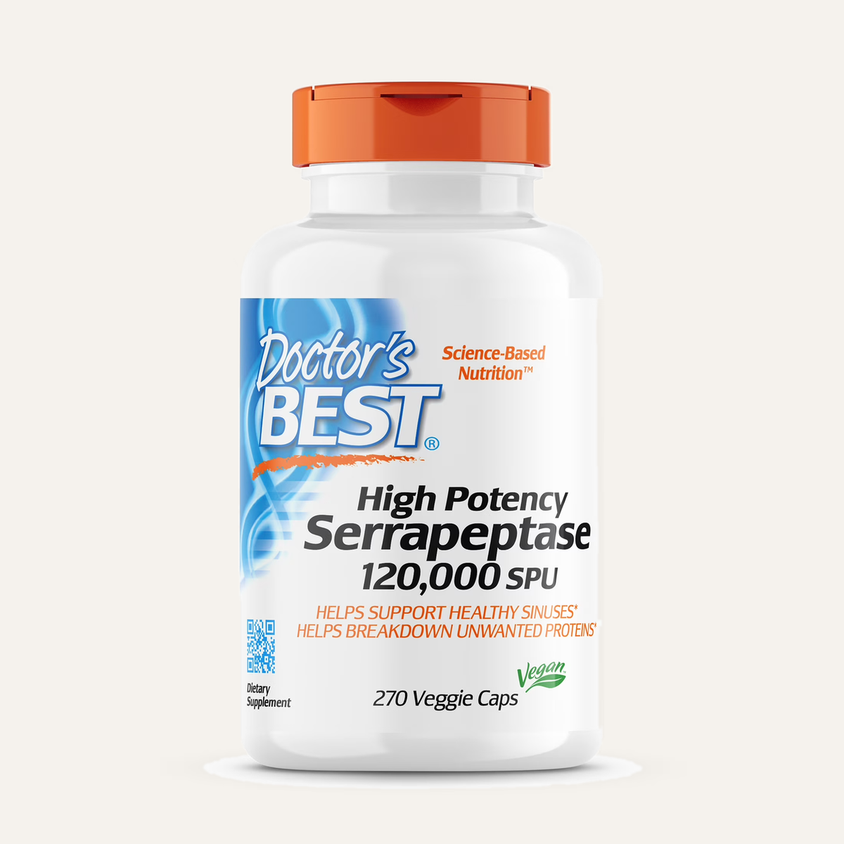 Doctor's Best High Potency Serrapeptase 120 000 SPU 270 kapsułek, butelka z przodu | Ellemania