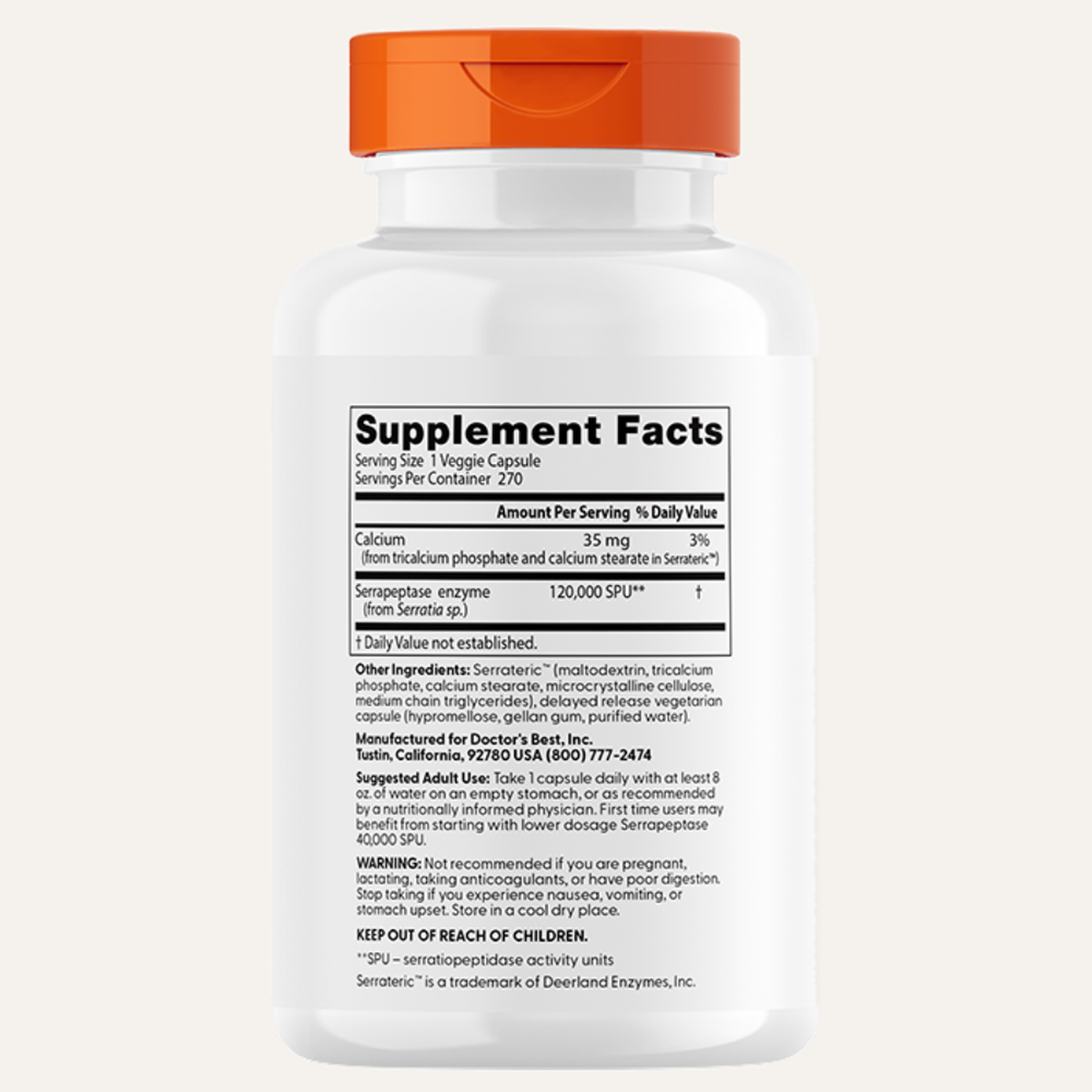 Doctor's Best High Potency Serrapeptase 120 000 SPU 270 kapsułek, tył butelki z tabelą składu Supplement Facts | Ellemania