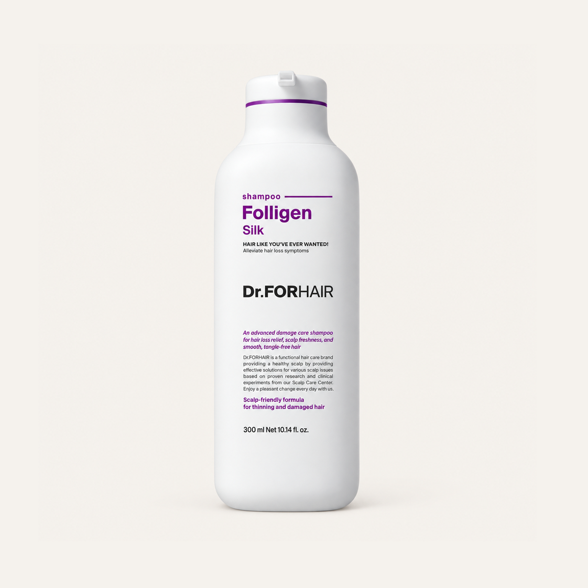 Dr.FORHAIR Folligen Silk Shampoo 300 ml, white bottle with purple lettering, front view | Ellemania