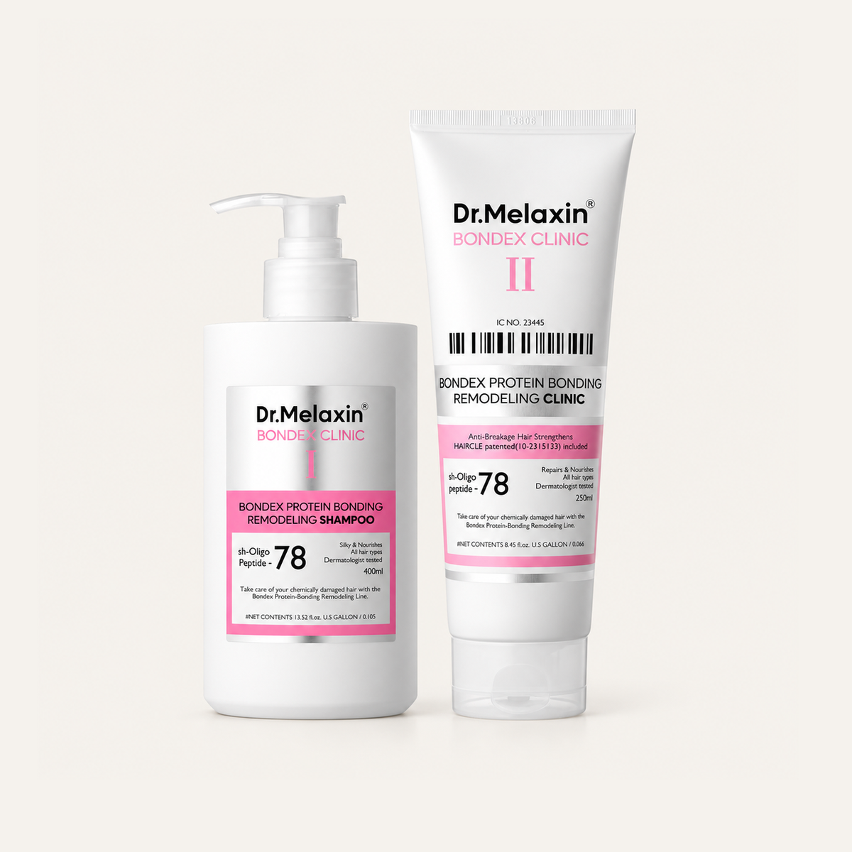 Dr.Melaxin Bondex Protein Bonding Remodeling Shampoo 400 ml, bottle with a pump beside a tube | Ellemania