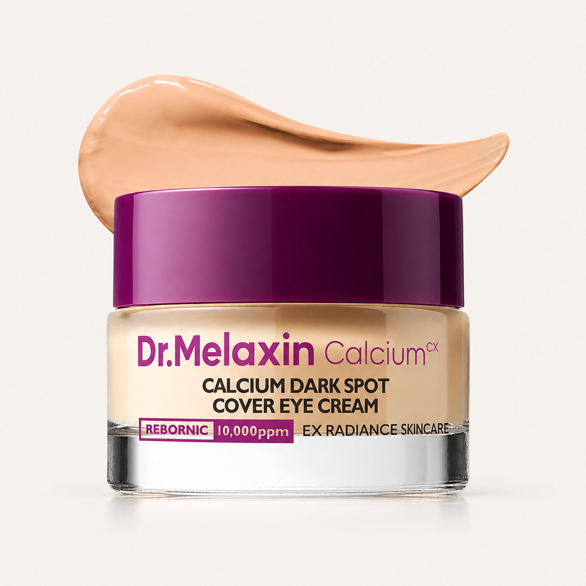 Dr.Melaxin Calcium Dark Spot Cover Eye Cream 15 g, jar with a purple lid against a smear of cream | Ellemania