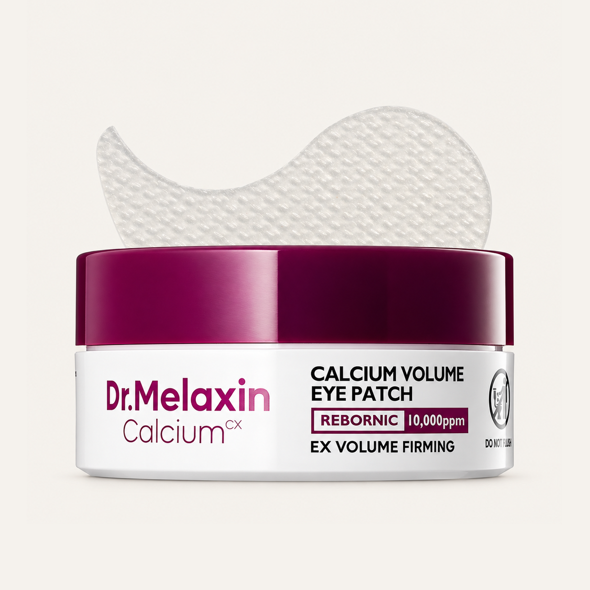 Dr.Melaxin Calcium Volume Eye Patch 60 pcs, jar with a purple lid and an eye patch above it | Ellemania