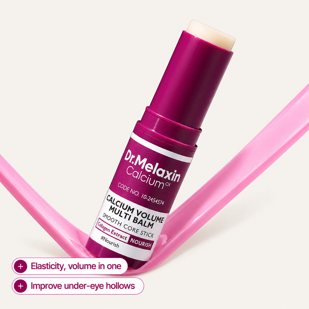 Dr.Melaxin Calcium Volume Multi Balm 9 g, stick with the cap removed against pink smears | Ellemania