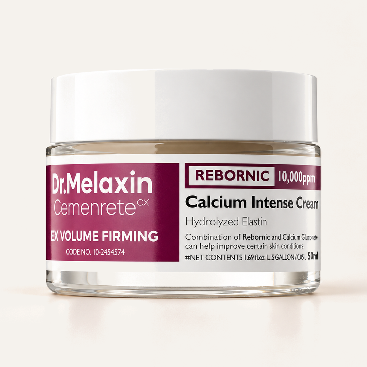 Dr.Melaxin Cemenrete Calcium Intense Cream 50 ml, glass jar with a burgundy label from the front | Ellemania