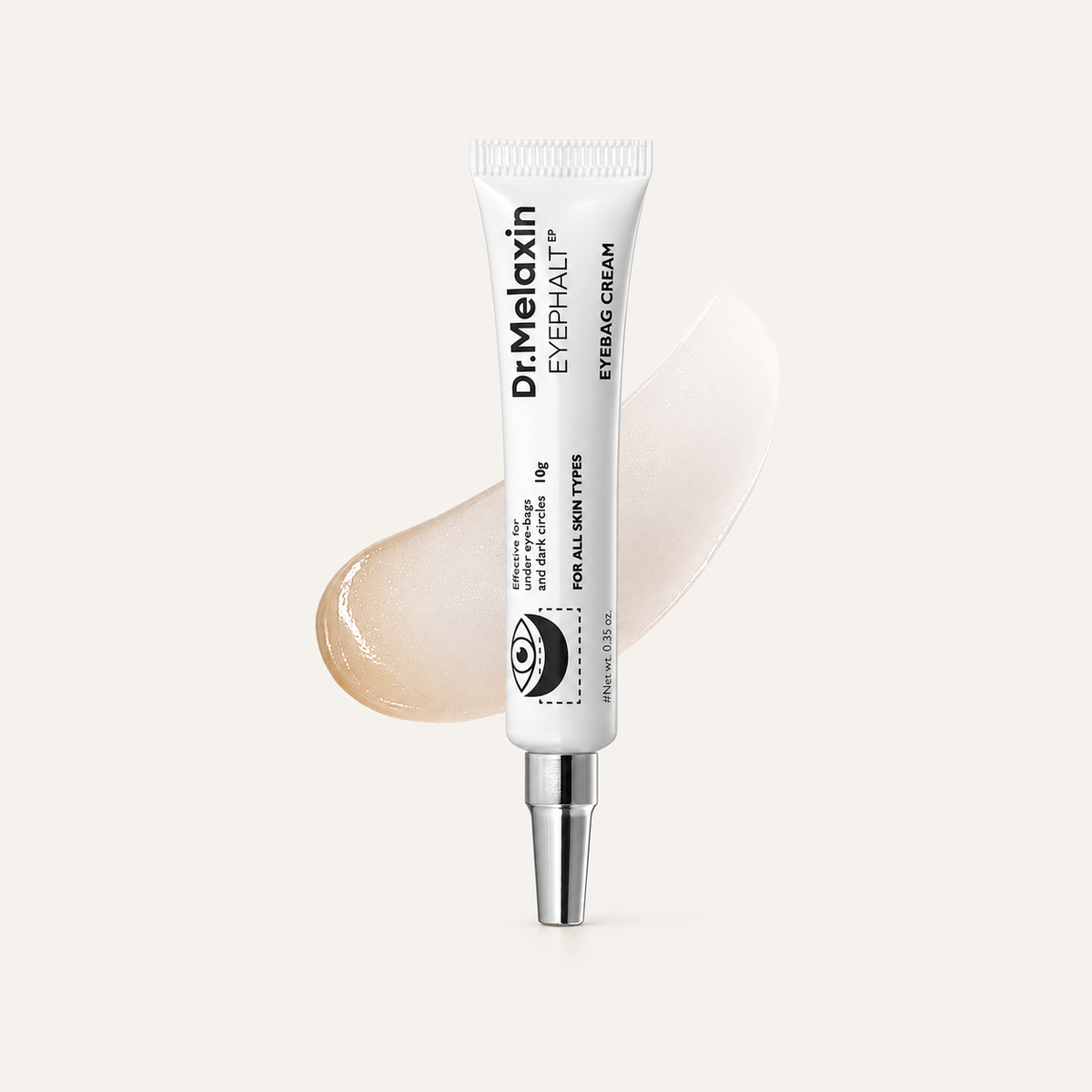 Dr.Melaxin Eyephalt Eyebag Cream 10 g, tube with a metal tip against a smear of cream | Ellemania