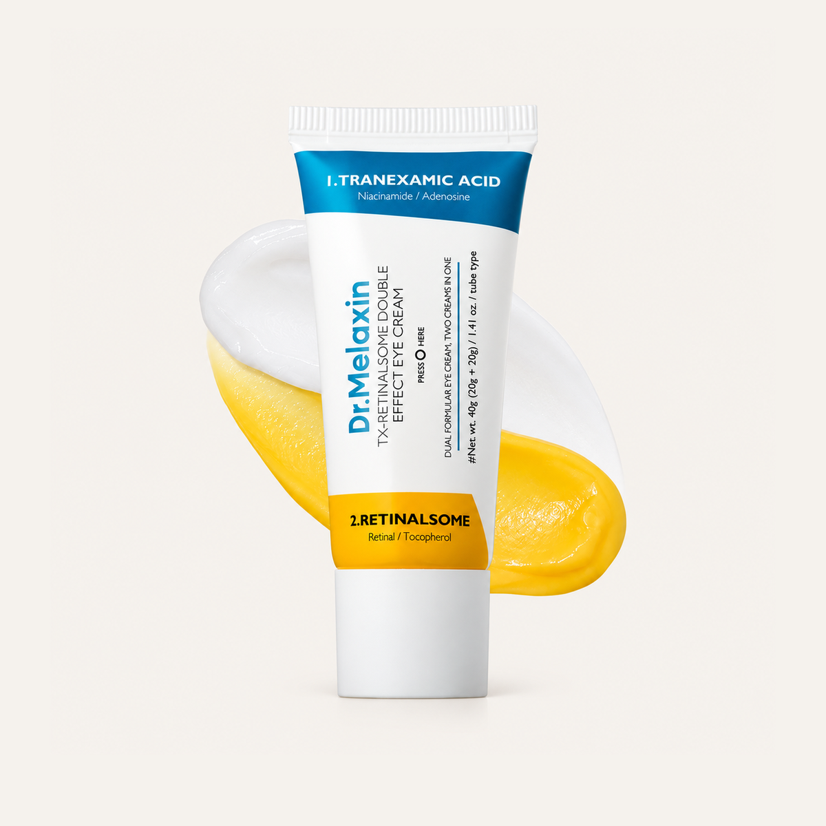 Dr.Melaxin TX-Retinalsome Double Effect Eye Cream 4 g, white and blue tube against two smears of cream | Ellemania