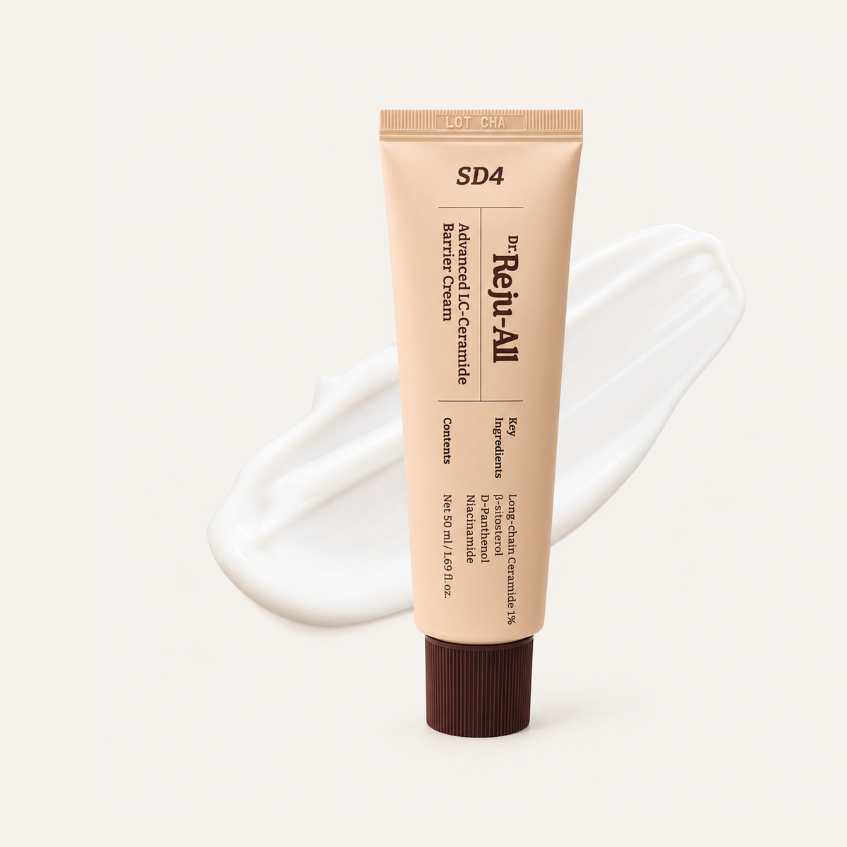 Dr. Reju-All Advanced LC Ceramide Barrier Cream 50 ml, beige tube against a smear of cream | Ellemania