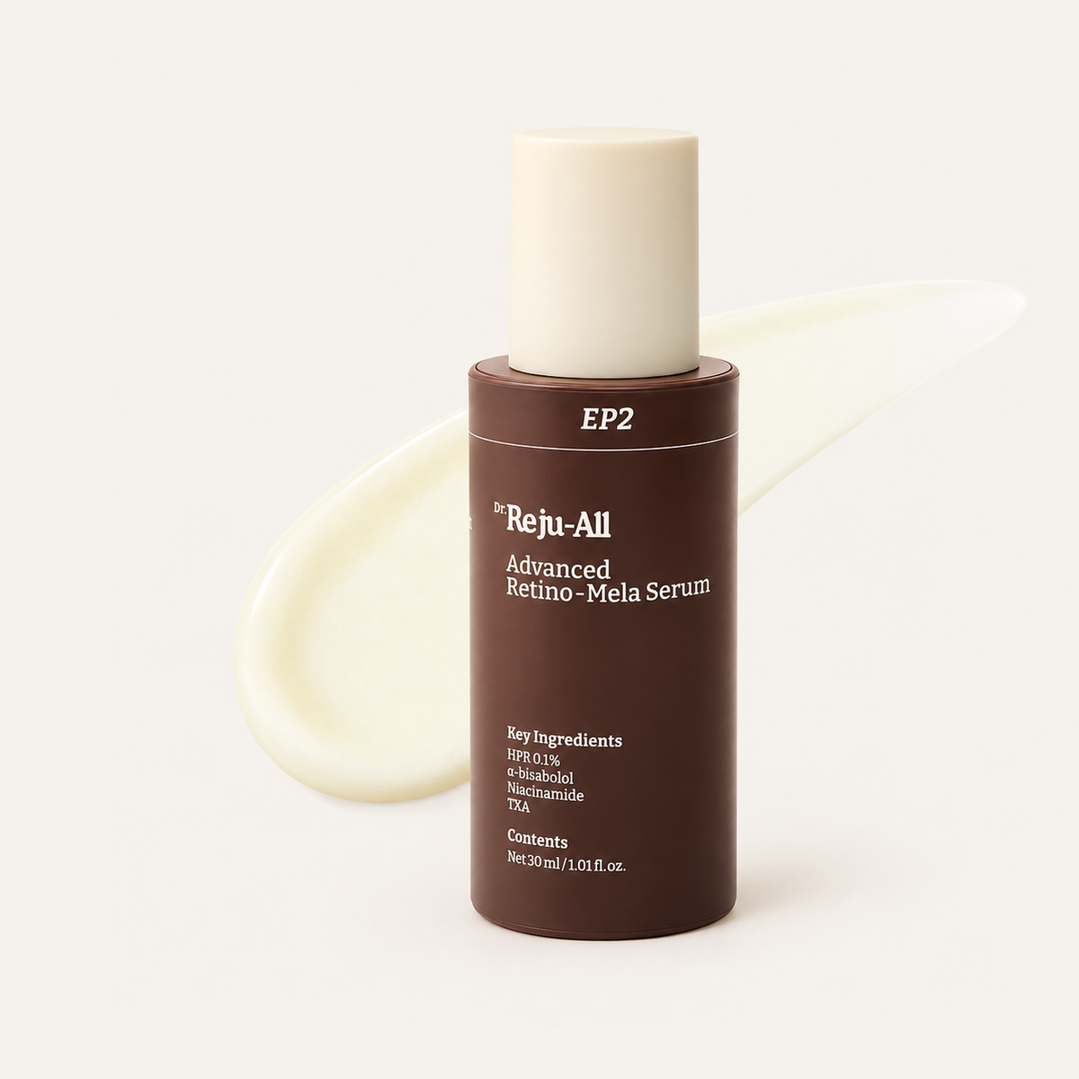 Dr.Reju-All Advanced Retino Mela Serum 30 ml, brown bottle against a smear of serum | Ellemania