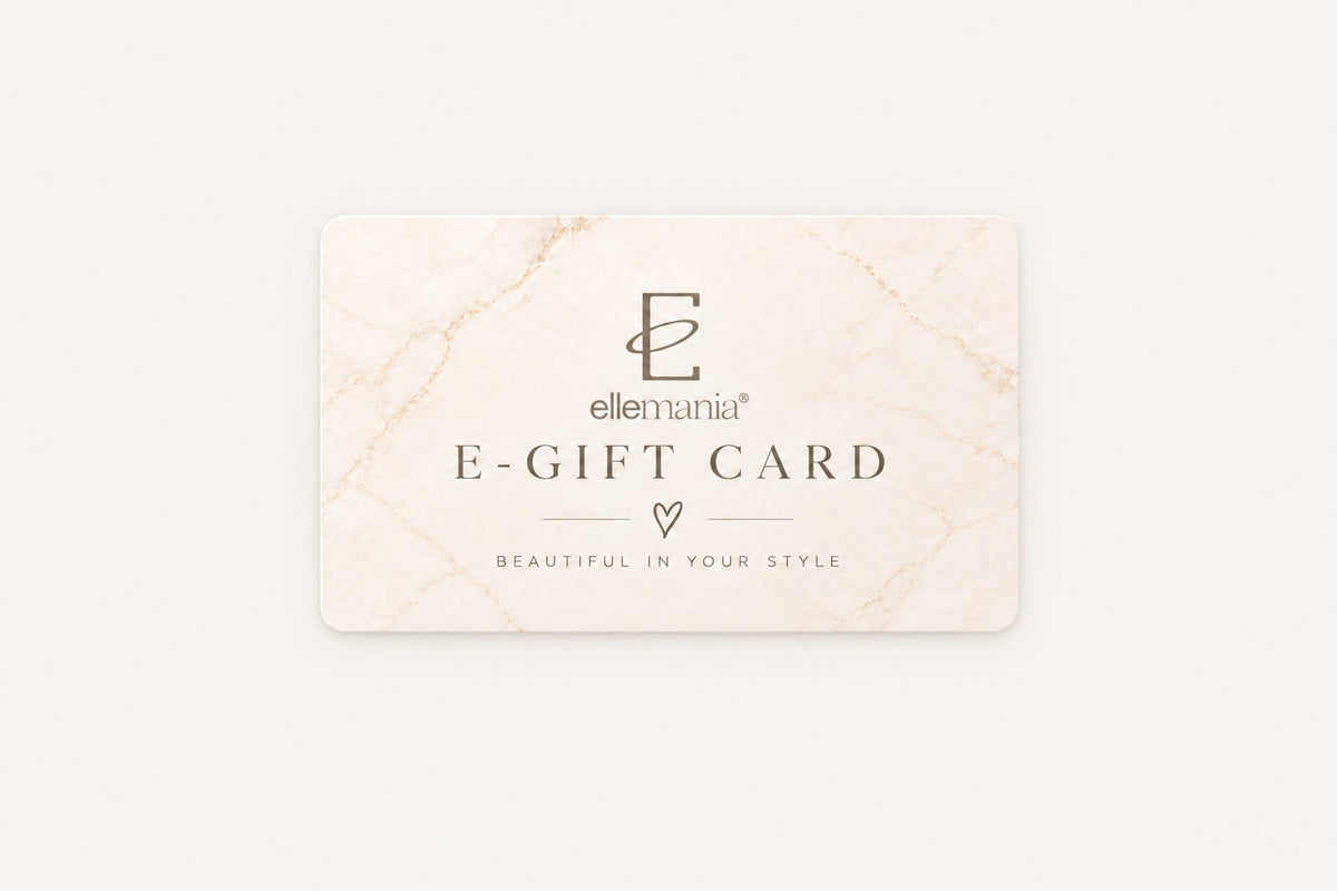 e-Karta Podarunkowa ellemania, karta podarunkowa z logo marki i napisem E-GIFT CARD na marmurowym tle | Ellemania