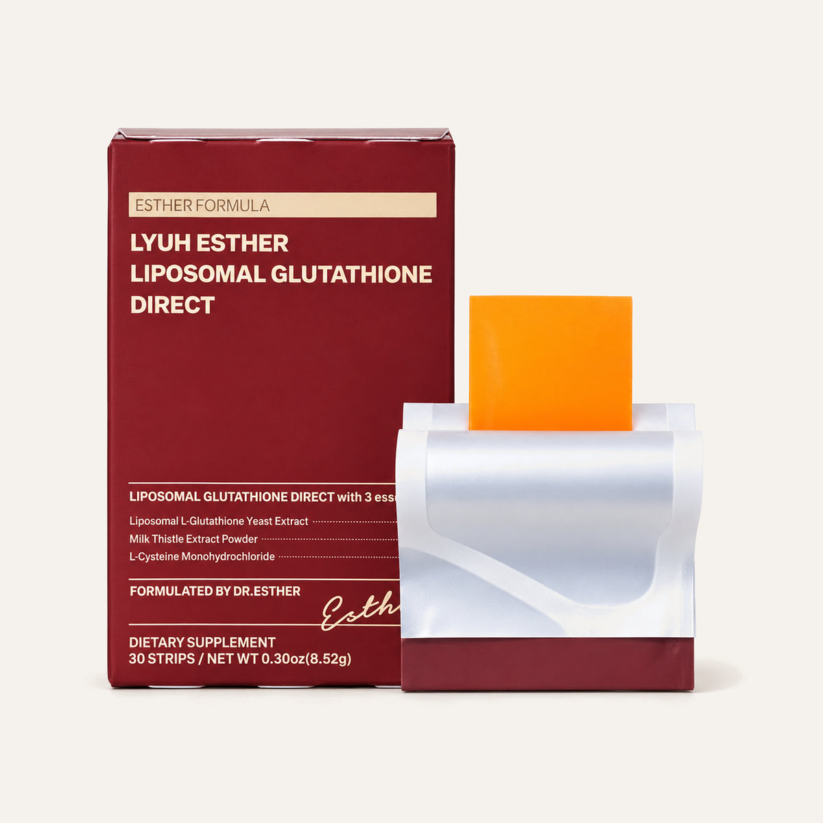Esther Formula Lyuh Esther Liposomal Glutathione Direct 30 pcs, burgundy box, front view, and a sachet with an orange leaf | Ellemania