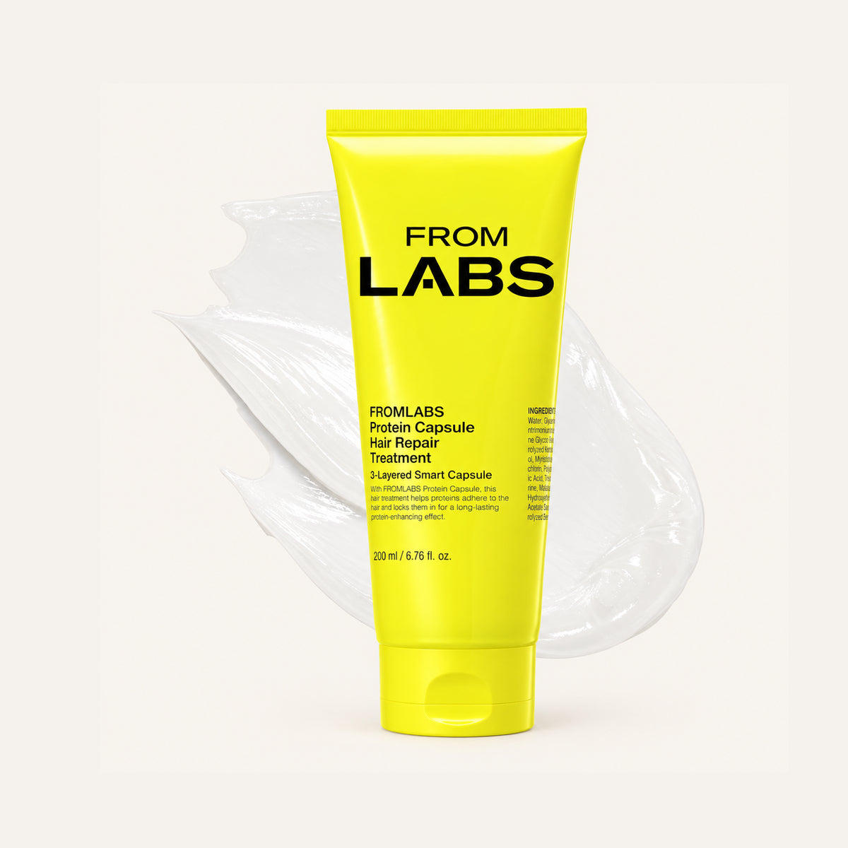 FROMLABS Protein Capsule Hair Repair Treatment 200 ml, yellow tube against a smear of the treatment | Ellemania