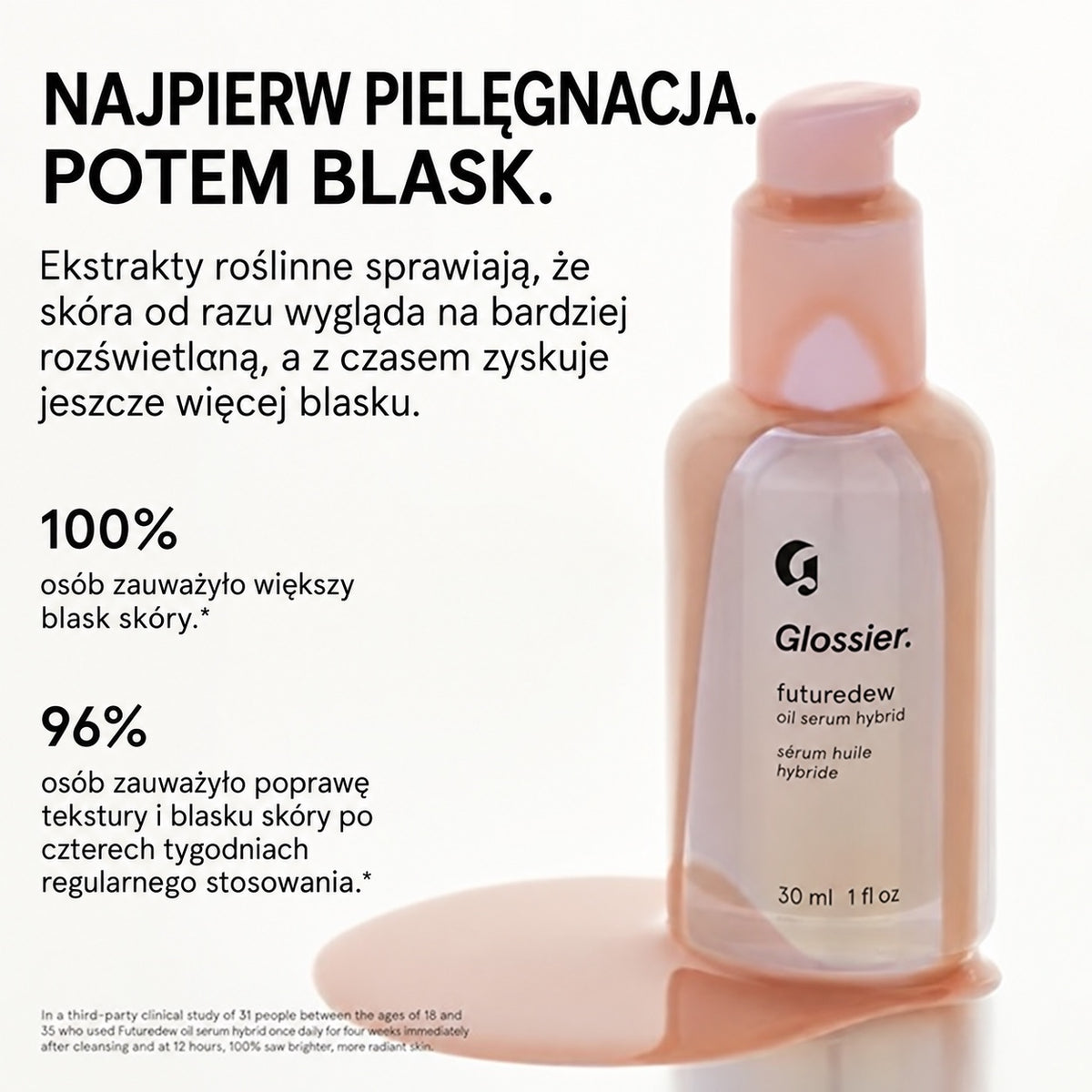 Glossier Futuredew Oil Serum Hybrid 30 ml - grafika producenta z polskim napisem i danymi procentowymi, butelka z pompką w kałuży produktu, wersja PL | Ellemania