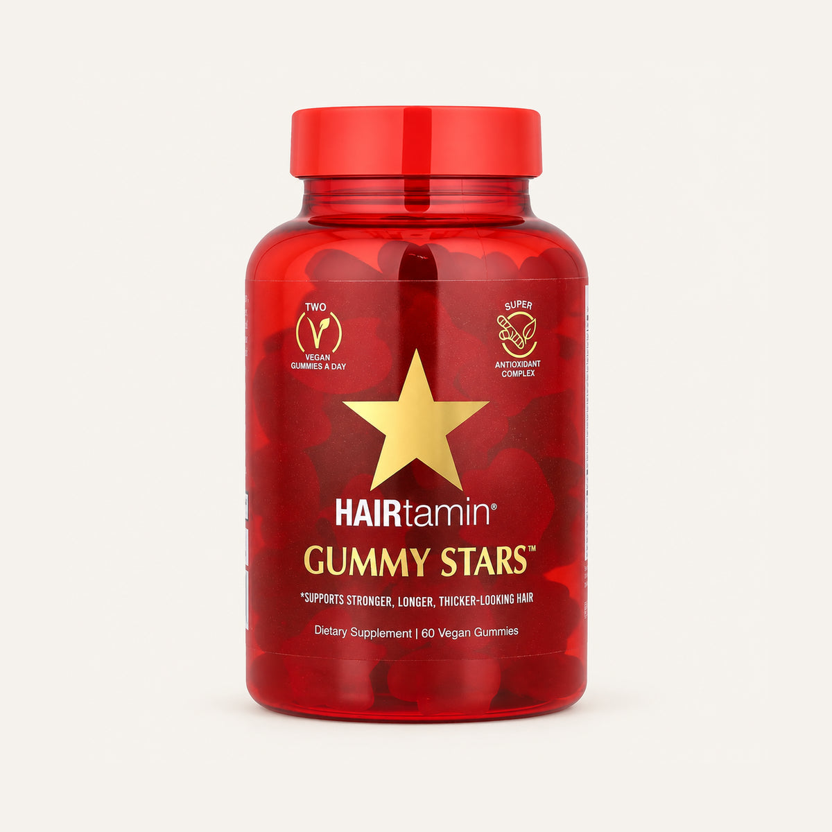 HAIRtamin Gummy Stars 60 pcs, red bottle from the front | Ellemania