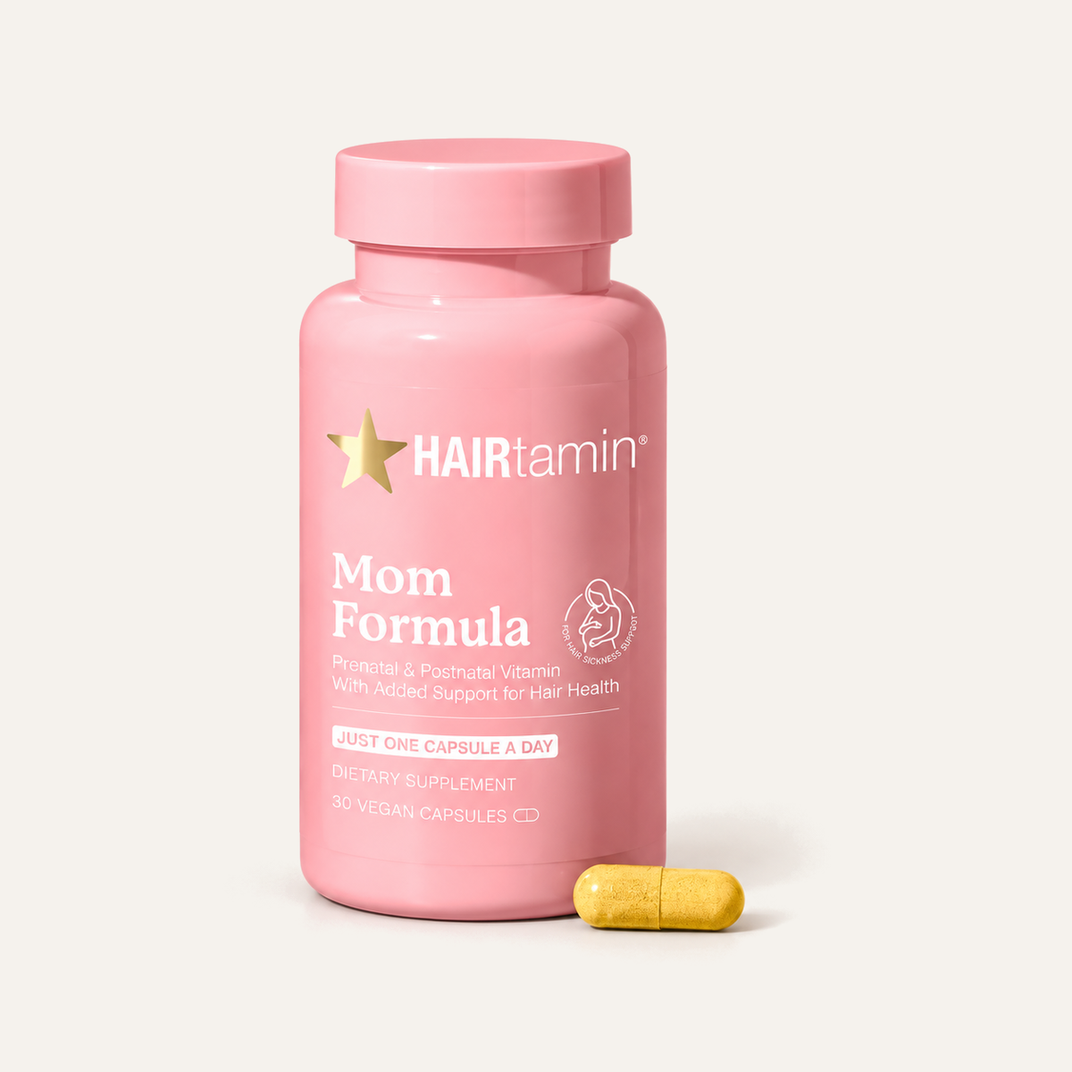 Hairtamin Mom Prenatal & Postnatal 30 capsules, pink bottle, front view, with a capsule beside it | Ellemania