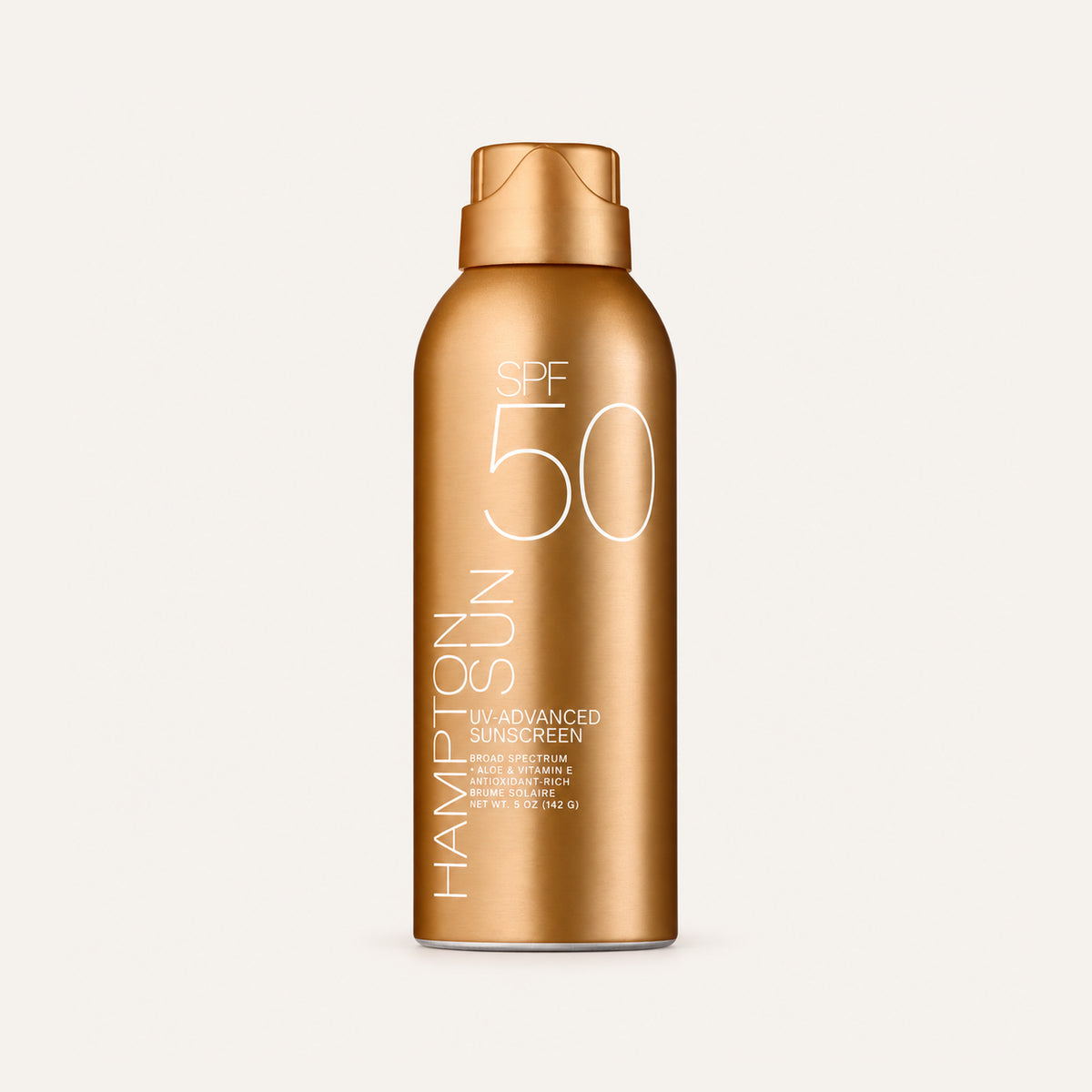Hampton Sun Continuous Mist Sunscreen SPF 50 142 g, gold can from the front | Ellemania