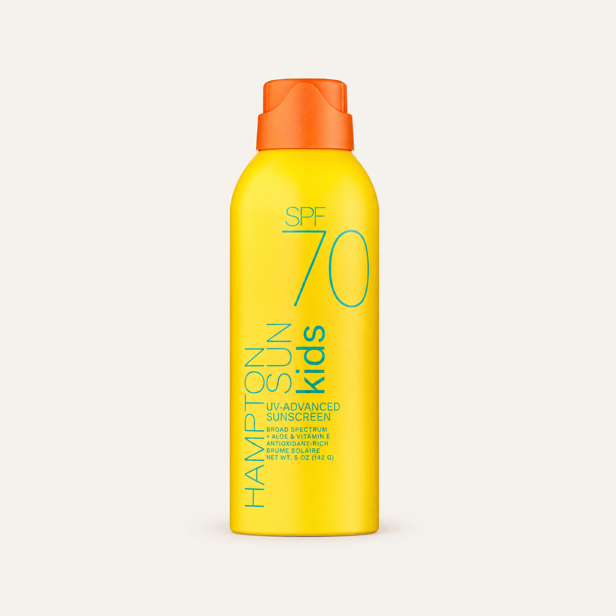 Hampton Sun Kids SPF 70 Continuous Mist Sunscreen 142 g, yellow can with an orange cap from the front | Ellemania