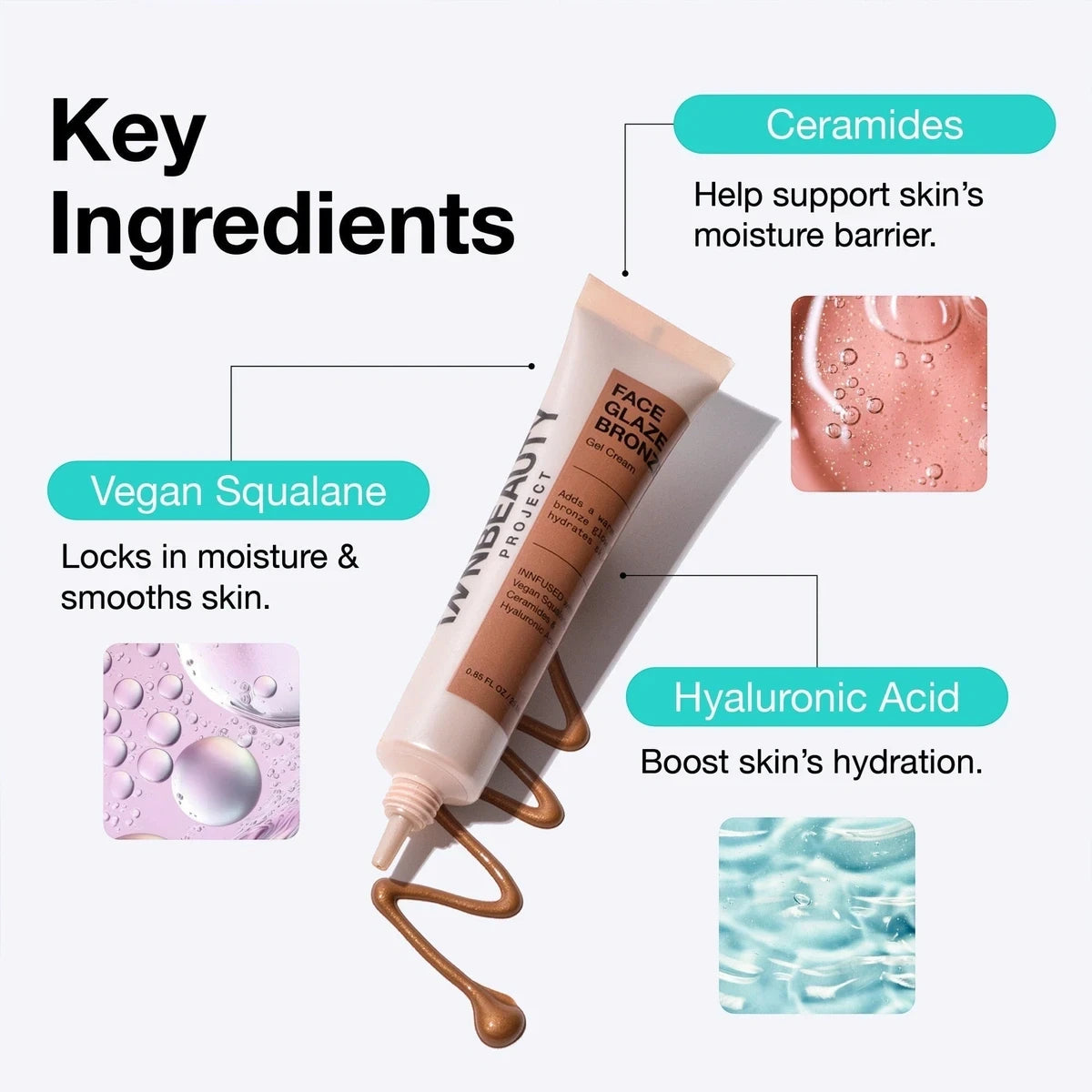 InnBeauty Project Face Glaze Bronze 25 ml, infografika z listą składników i tubą produktu | Ellemania