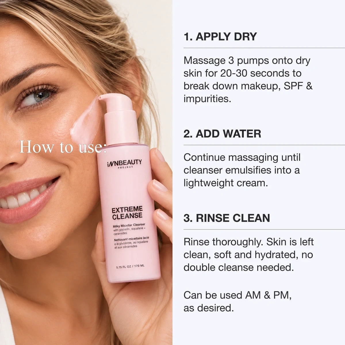 iNNBEAUTY PROJECT Extreme Cleanse Milky Micellar Cleanser 170 ml, butelka z pompką i instrukcja użycia w 3 krokach | Ellemania