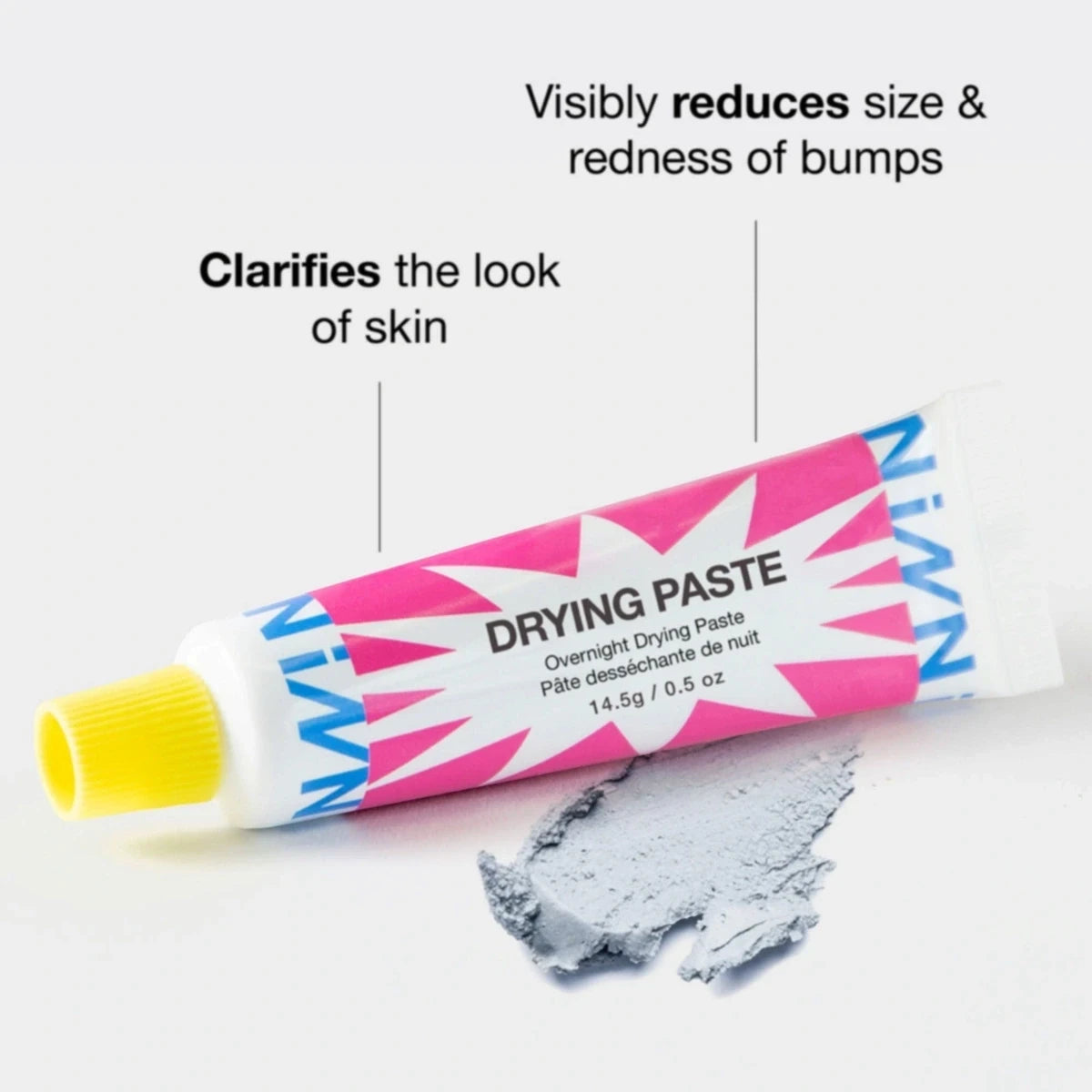 INNBEAUTY PROJECT Pimple Paste Drying Paste 14.5 g, tuba z pastą i zaschnięta próbka pasty na białym tle | Ellemania