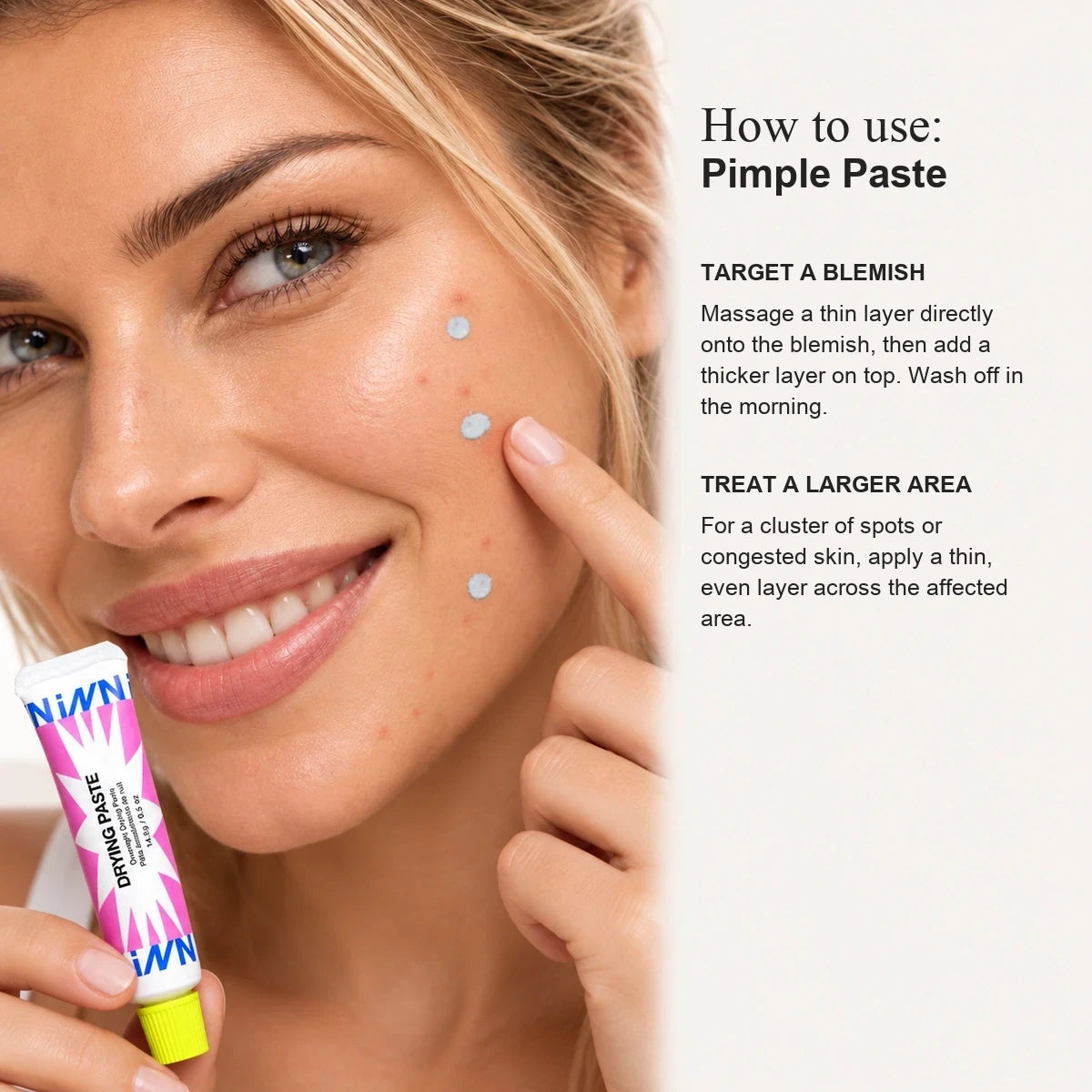 iNNBEAUTY PROJECT Pimple Paste 14.5 g, tubka z pastą na tle instrukcji użycia, kropki pasty na skórze twarzy | Ellemania