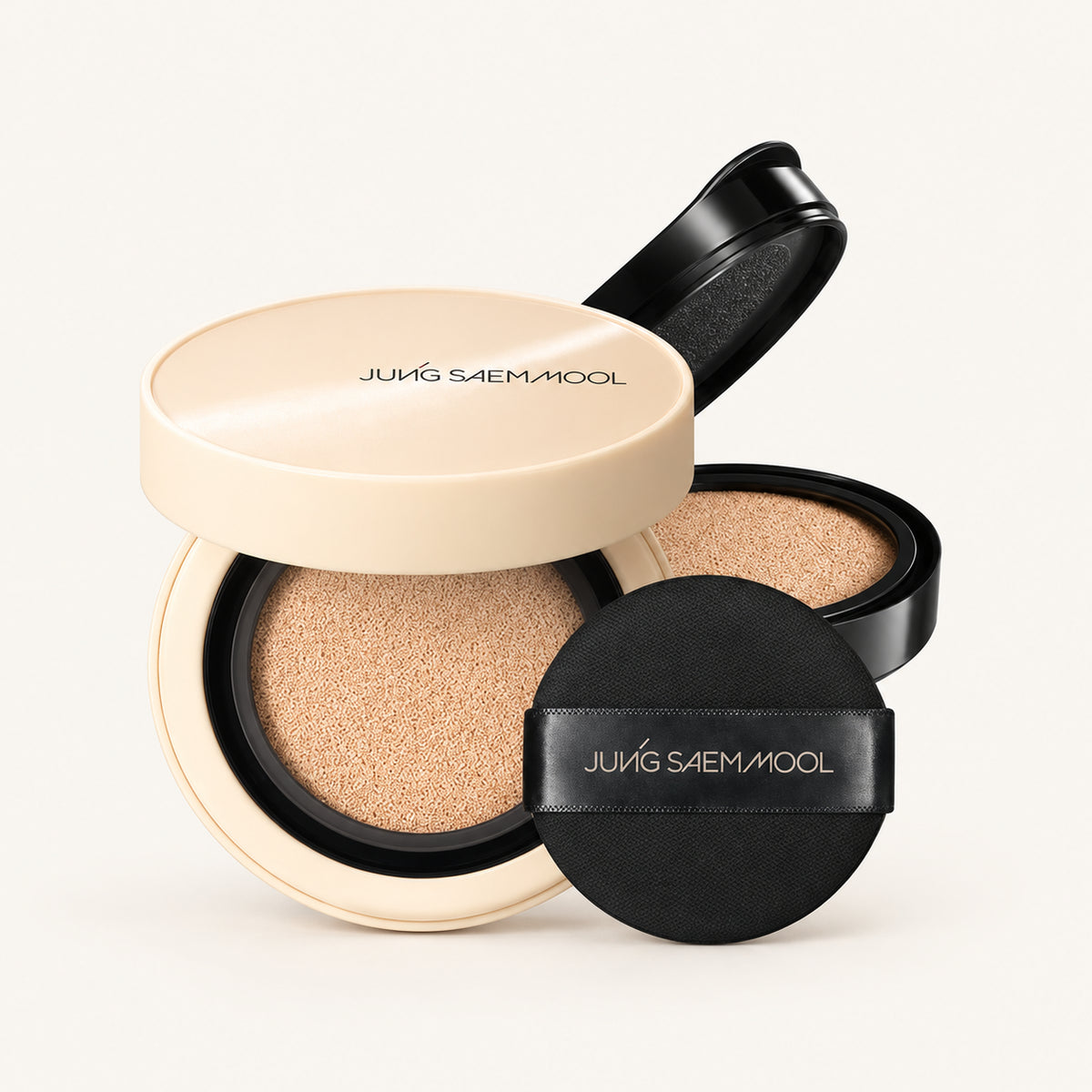 JUNG SAEM MOOL Essential Skin Nuder Cushion 28 g, otwarta poduszka z puderniczką i wkładem oraz aplikator | Ellemania