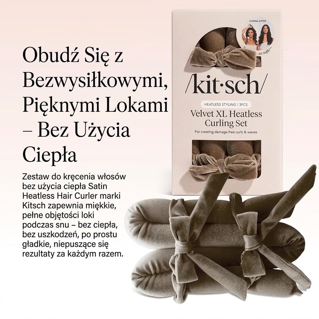 Zestaw ellemania Kitsch Velvet XL do kręcenia włosów bez ciepła z aksamitnym wałkiem i dwiema gumkami z kokardami