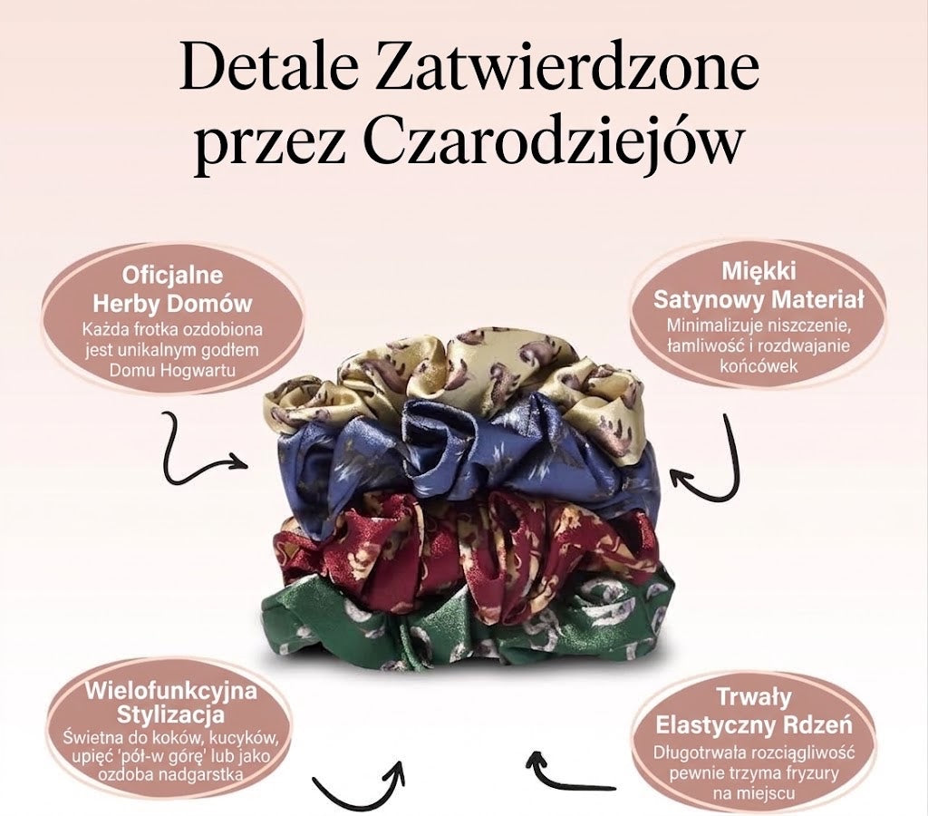 Zestaw czterech satynowych gumek do włosów ellemania Kitsch x Harry Potter z herbami domów Hogwartu w różnych kolorach