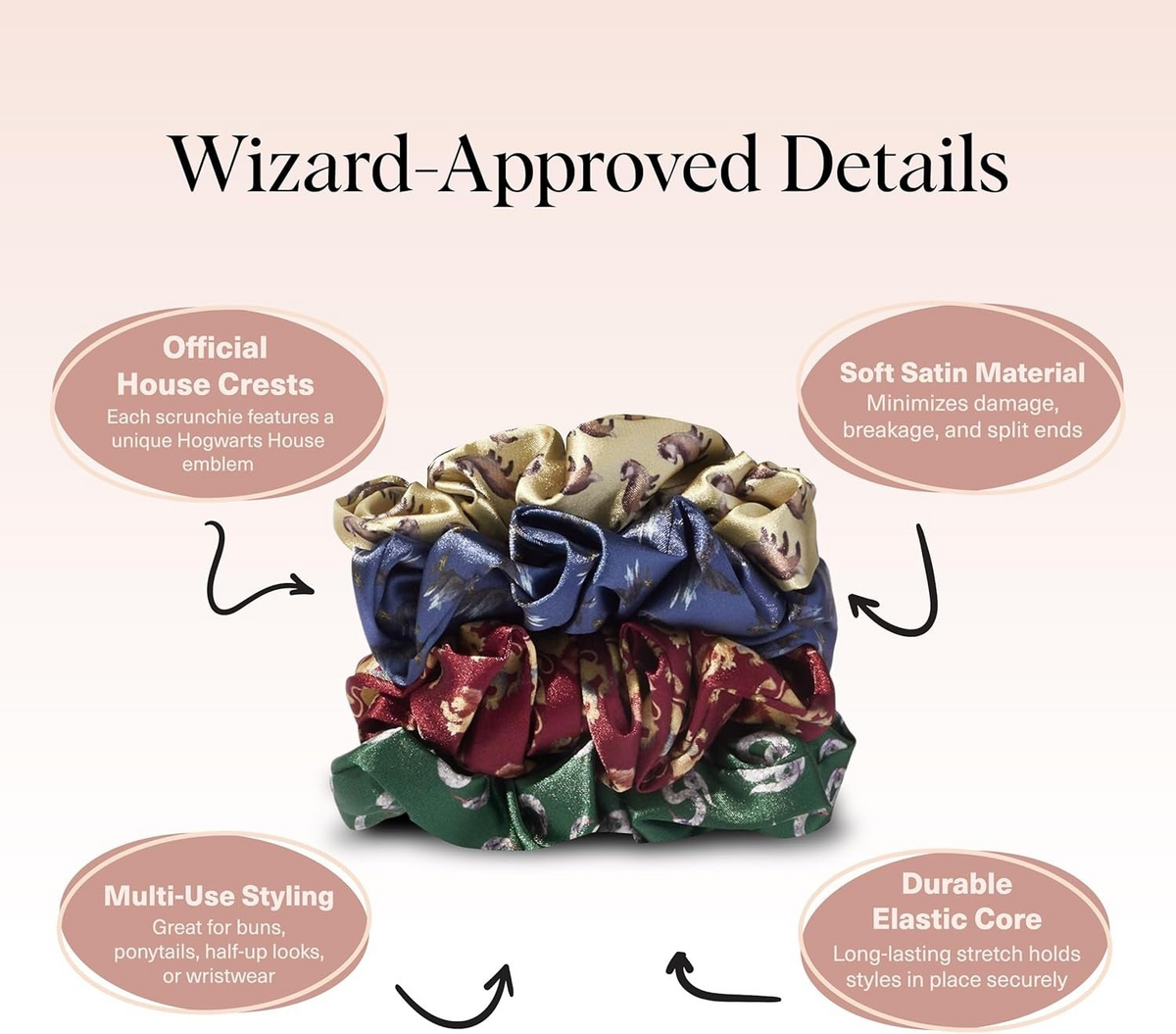 Zestaw czterech satynowych gumek do włosów Kitsch x Harry Potter w kolorach domów Hogwartu z herbami