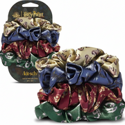 Zestaw 4 satynowych gumek do włosów ellemania Kitsch x Harry Potter w kolorach domów Hogwartu z nadrukiem herbów