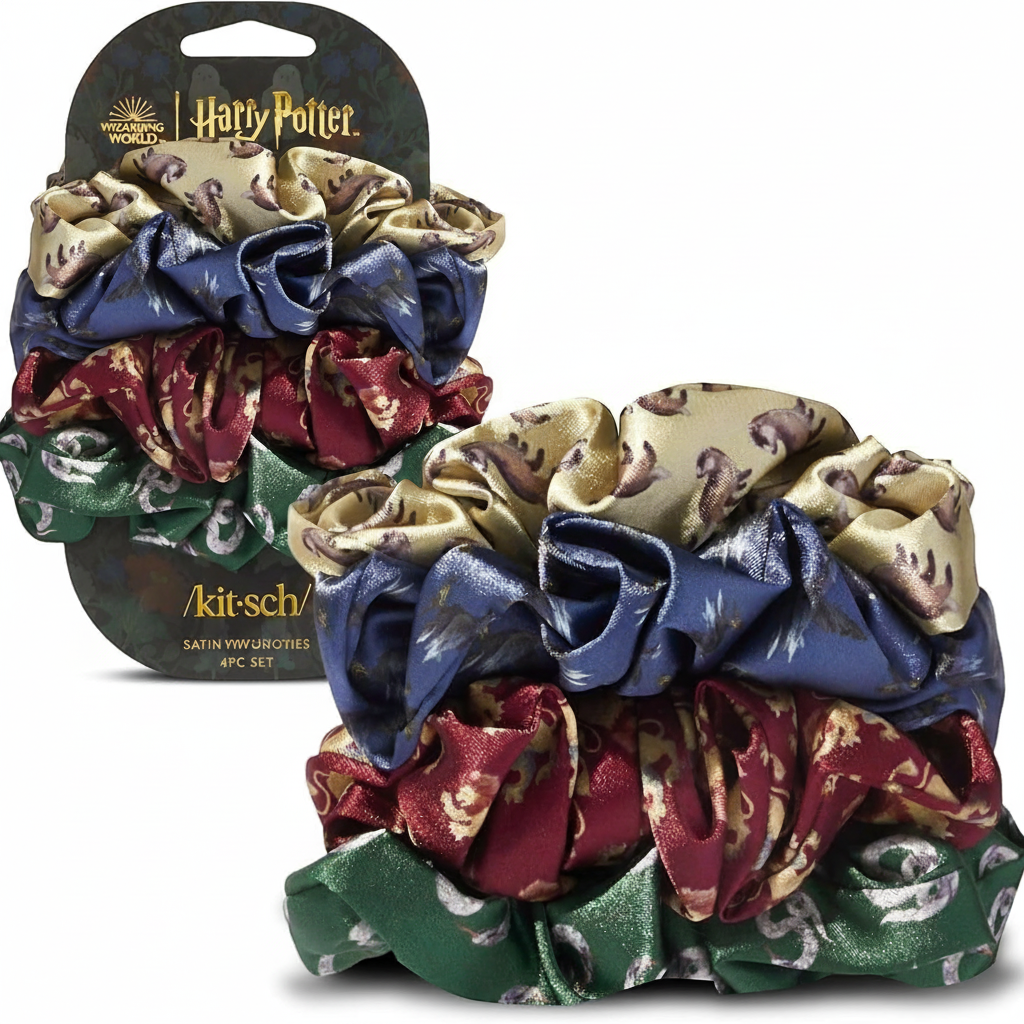 Zestaw 4 satynowych gumek do włosów ellemania Kitsch x Harry Potter w kolorach domów Hogwartu z nadrukiem herbów