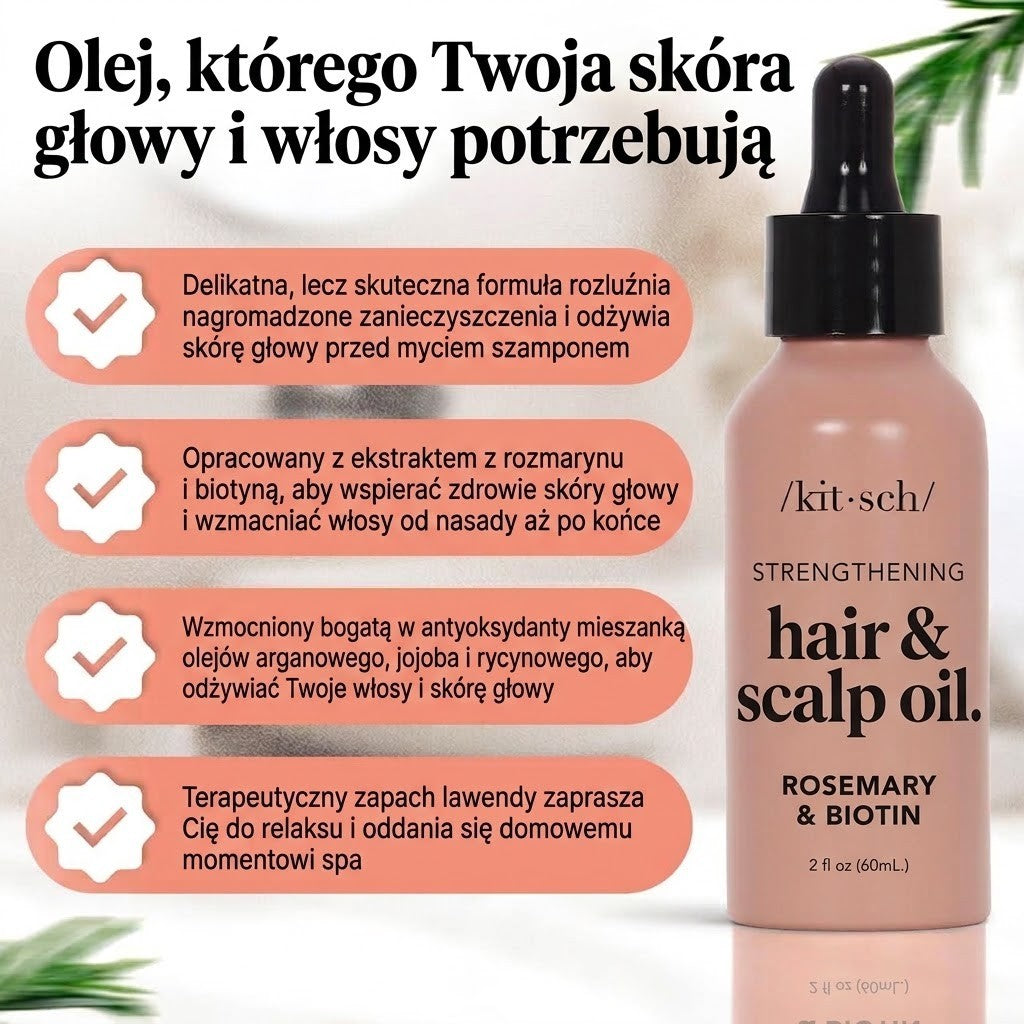 Olejek do włosów i skóry głowy Kitsch Rosemary Biotin w beżowej butelce z kroplomierzem i opisem korzyści w tle