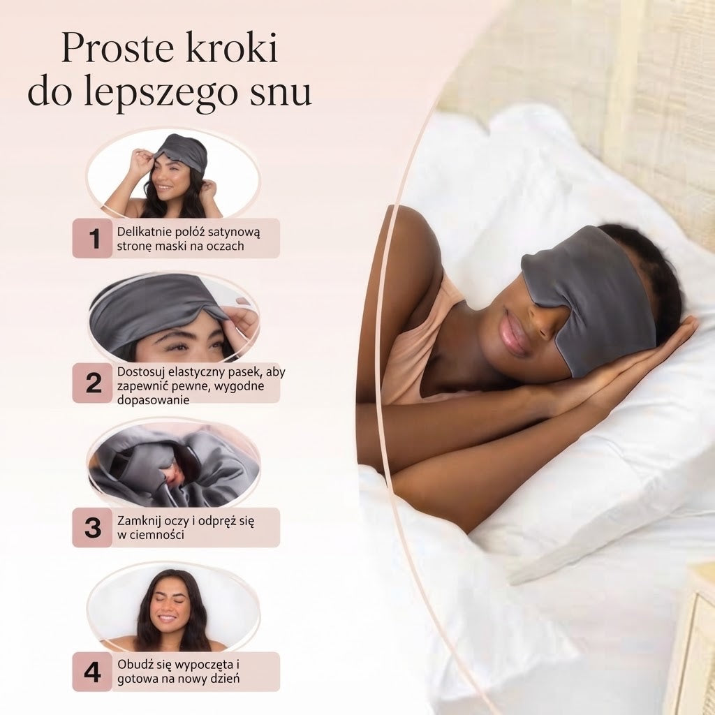 Kobieta używająca satynowej opaski do spania Kitsch w kolorze węglowym, prezentująca instrukcję użytkowania.